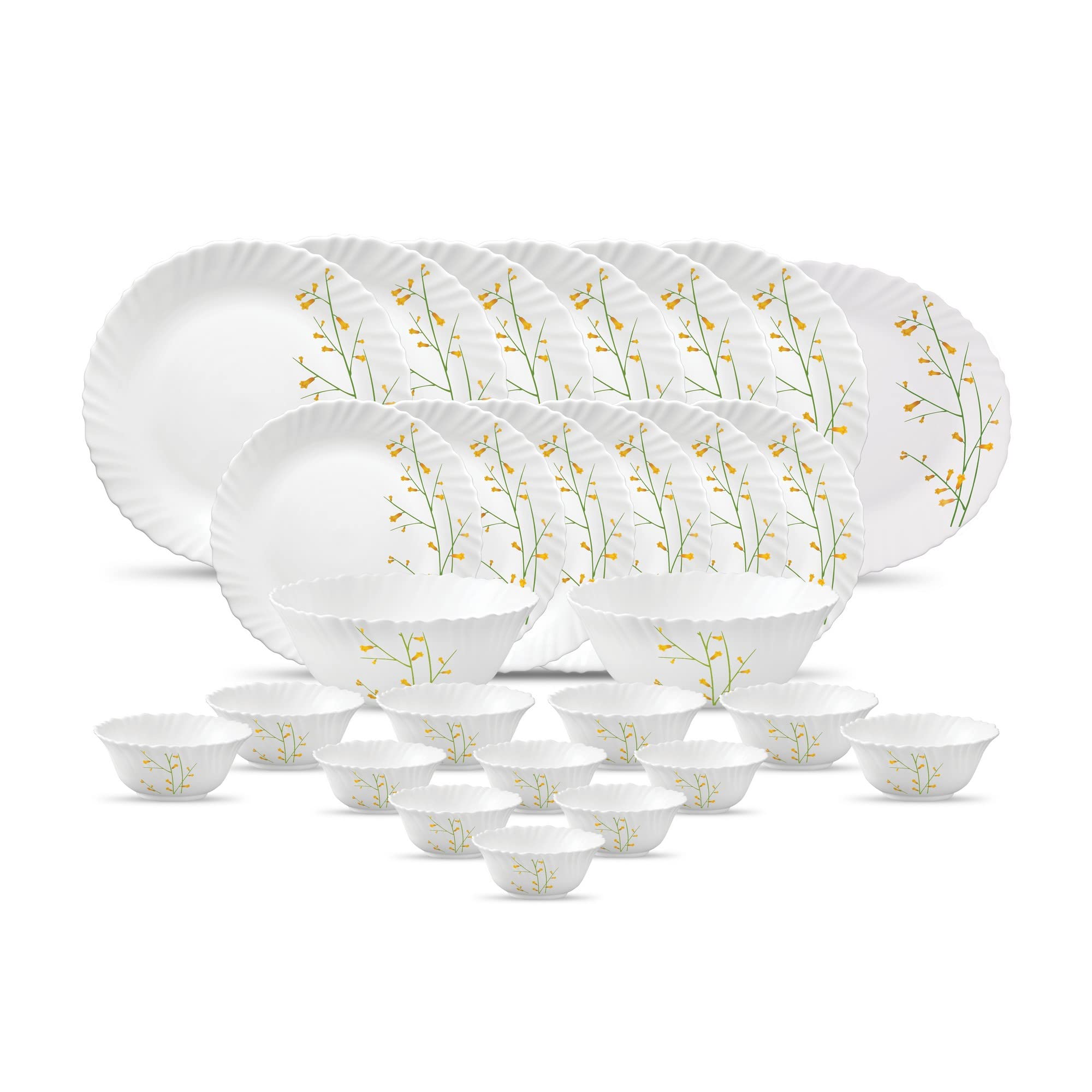 La Opala Diva Classique Collection Opal Glass Crockery | For Family Of 6 | Dinner Set 27 Pcs Citron Weave | Plates & Bowls For D
