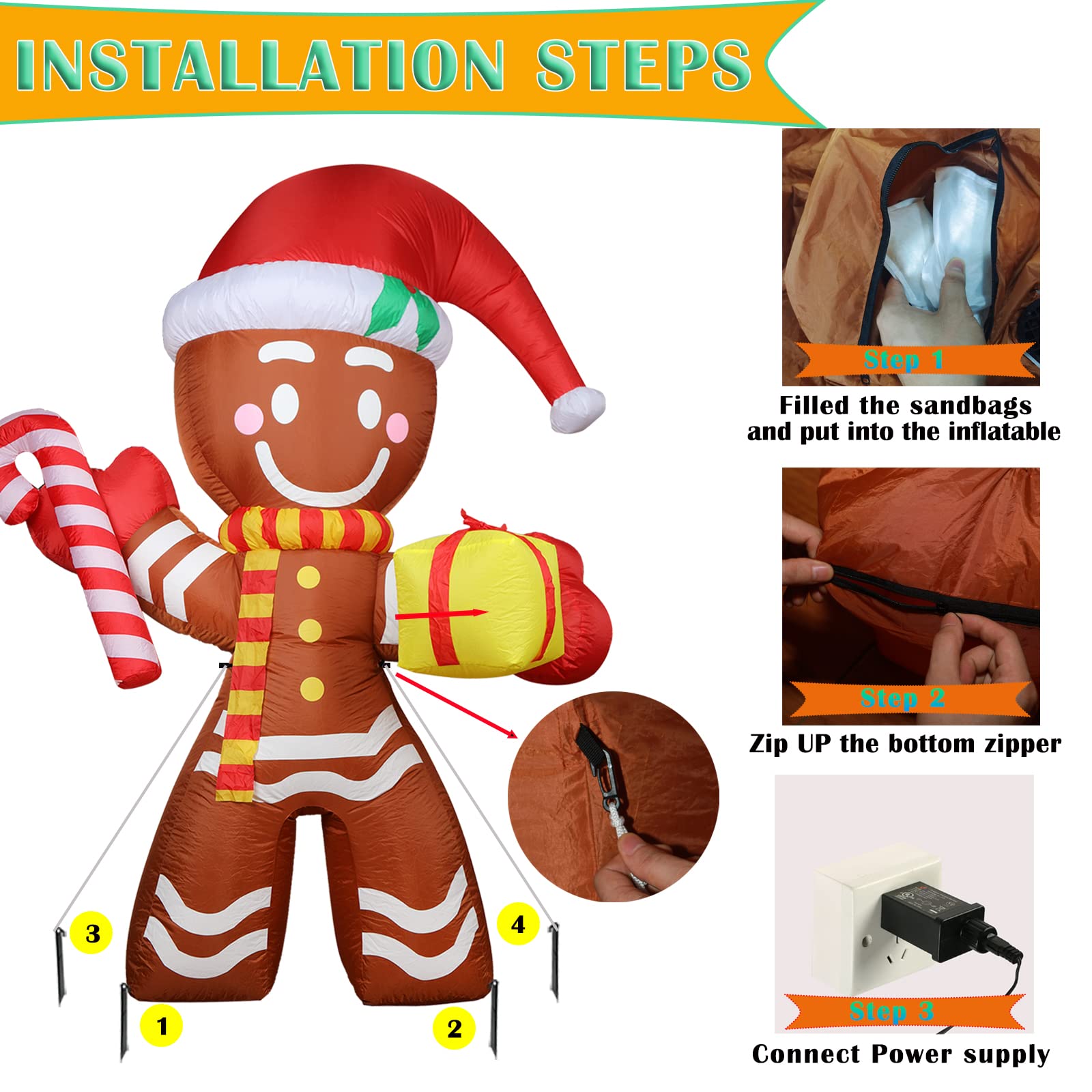 Kerithsoco 8FT Inflatable Gingerbread Man Outdoor Christmas Decoration,Built-in LED Lights Blow Up for Yard, Gardern, Lawn, Indo