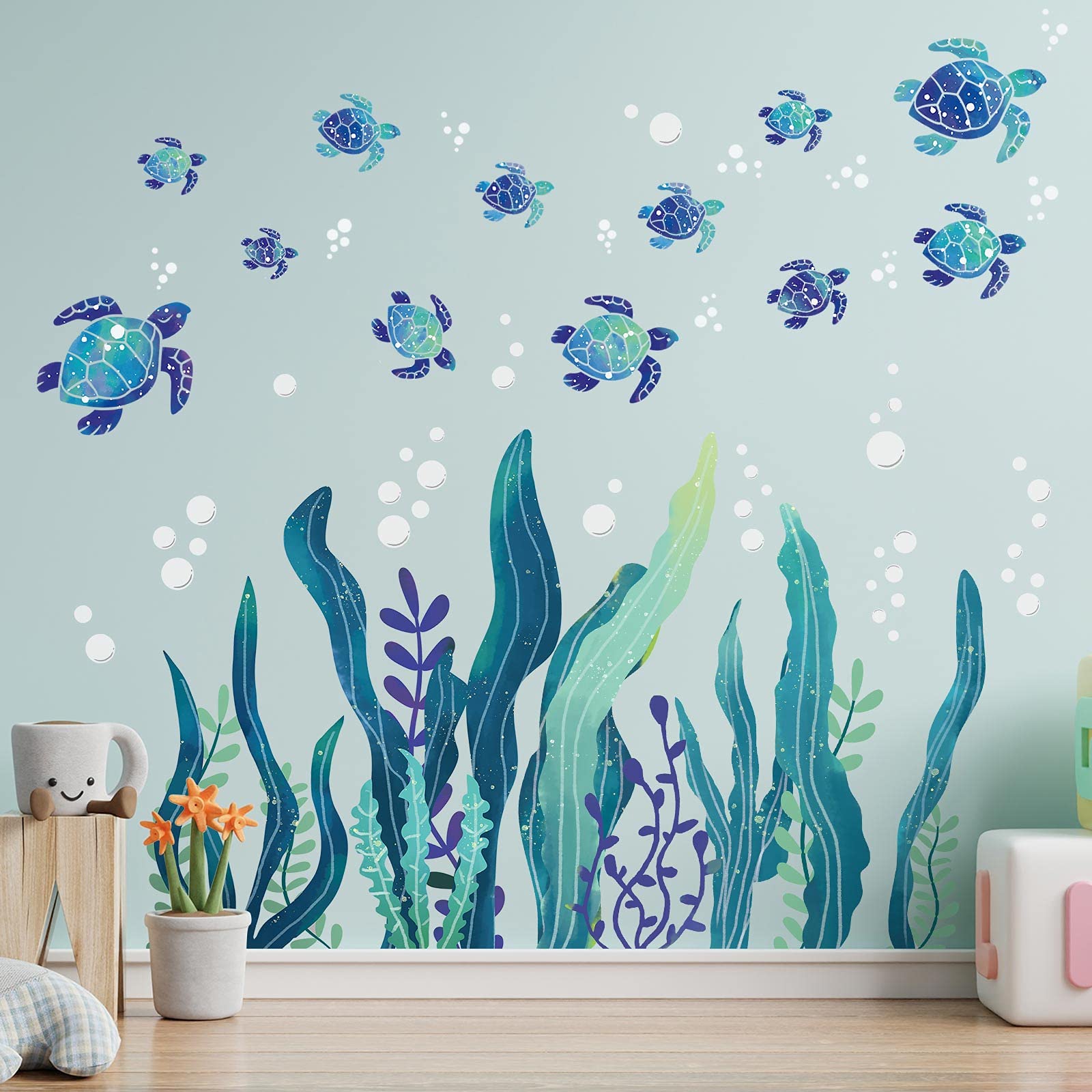 Sea Turtle Wall Decals 3D Ocean Grass Seaweed Stickers Under The Sea Wall Decals Decor Bubbles Peel And Stick Removable Vinyl Un