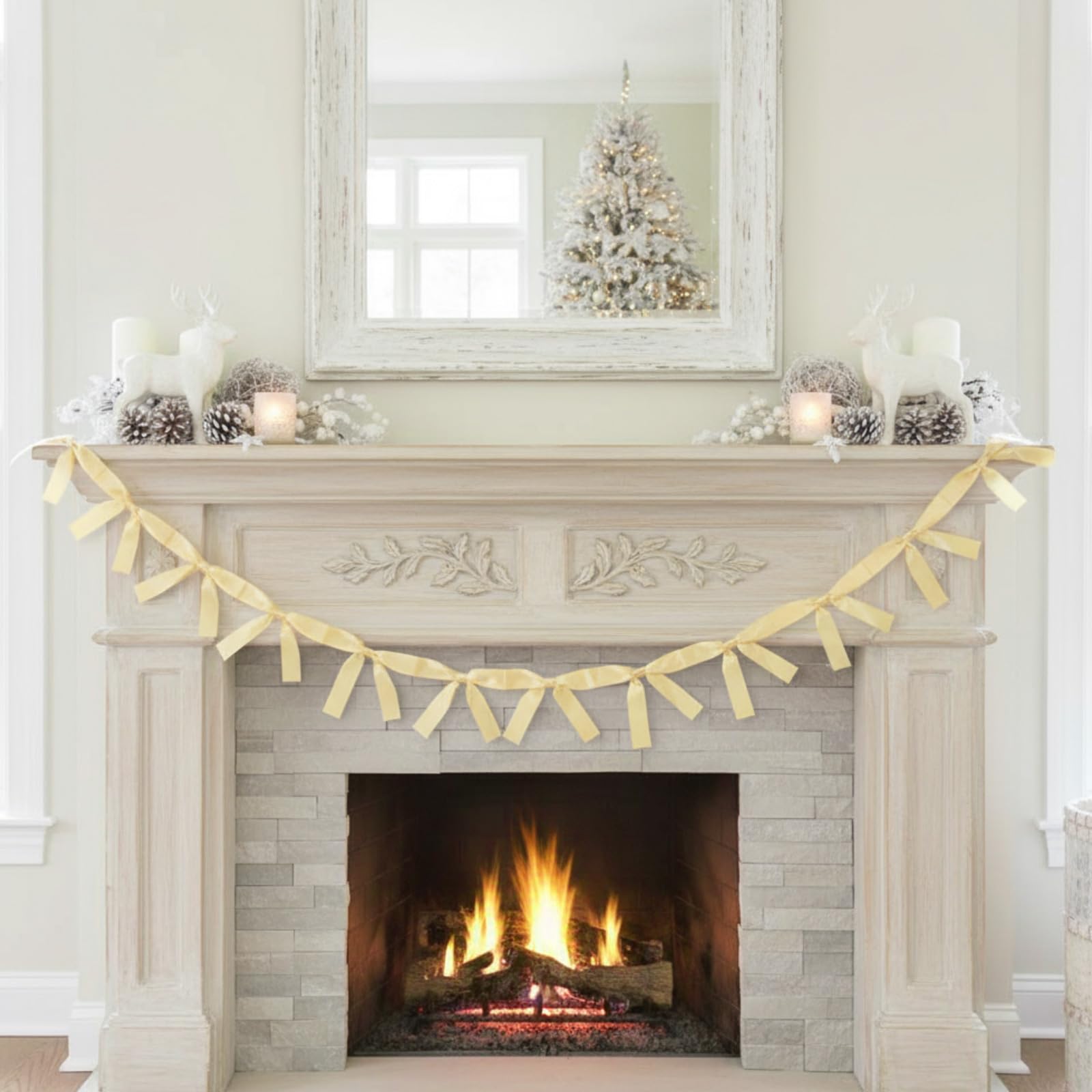 Trandraft 2 Pcs Christmas Bow Garland Banner 16.4 ft Pre-Assembled Gold Satin Bows Ornaments Christmas Bows Hanging Decors for R