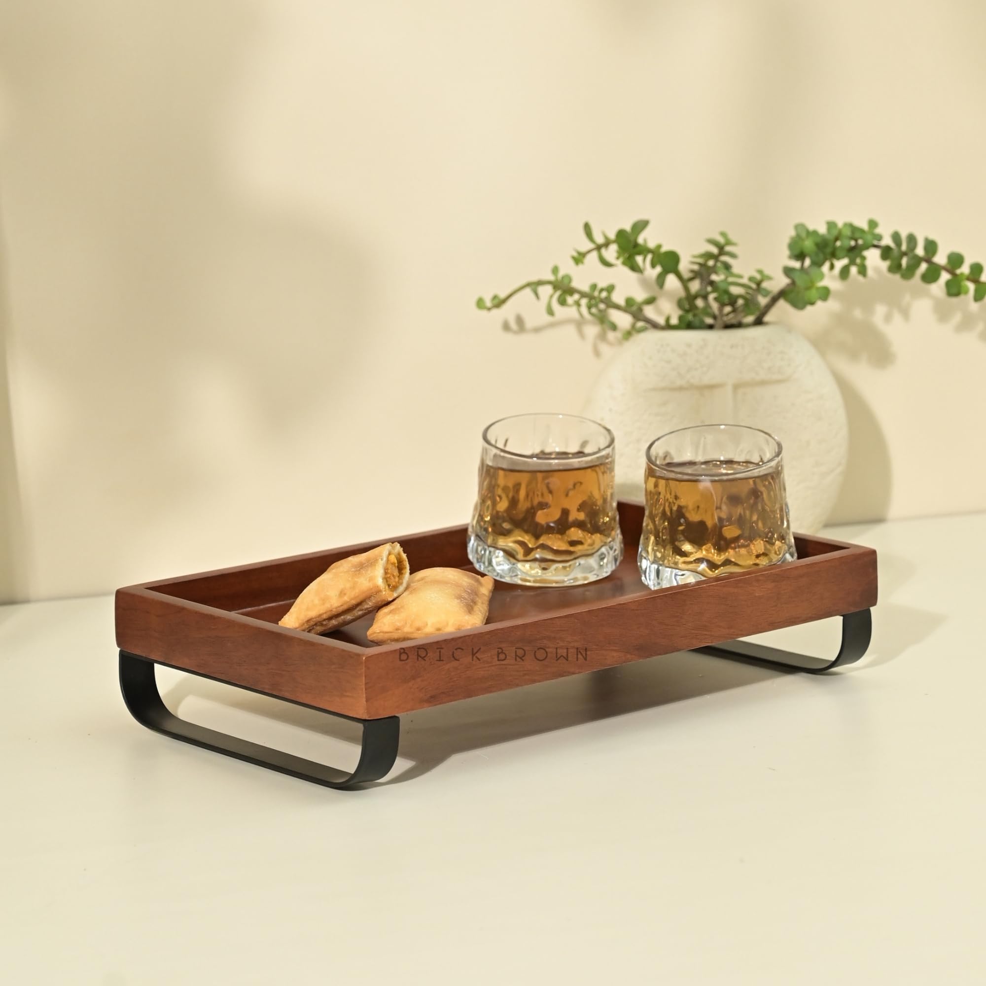 Brick Brown  Premium Handcrafted Serving Wooden Tray For Serving |Tea Tray For Serving Platter | Tray For Dining Table With Blac