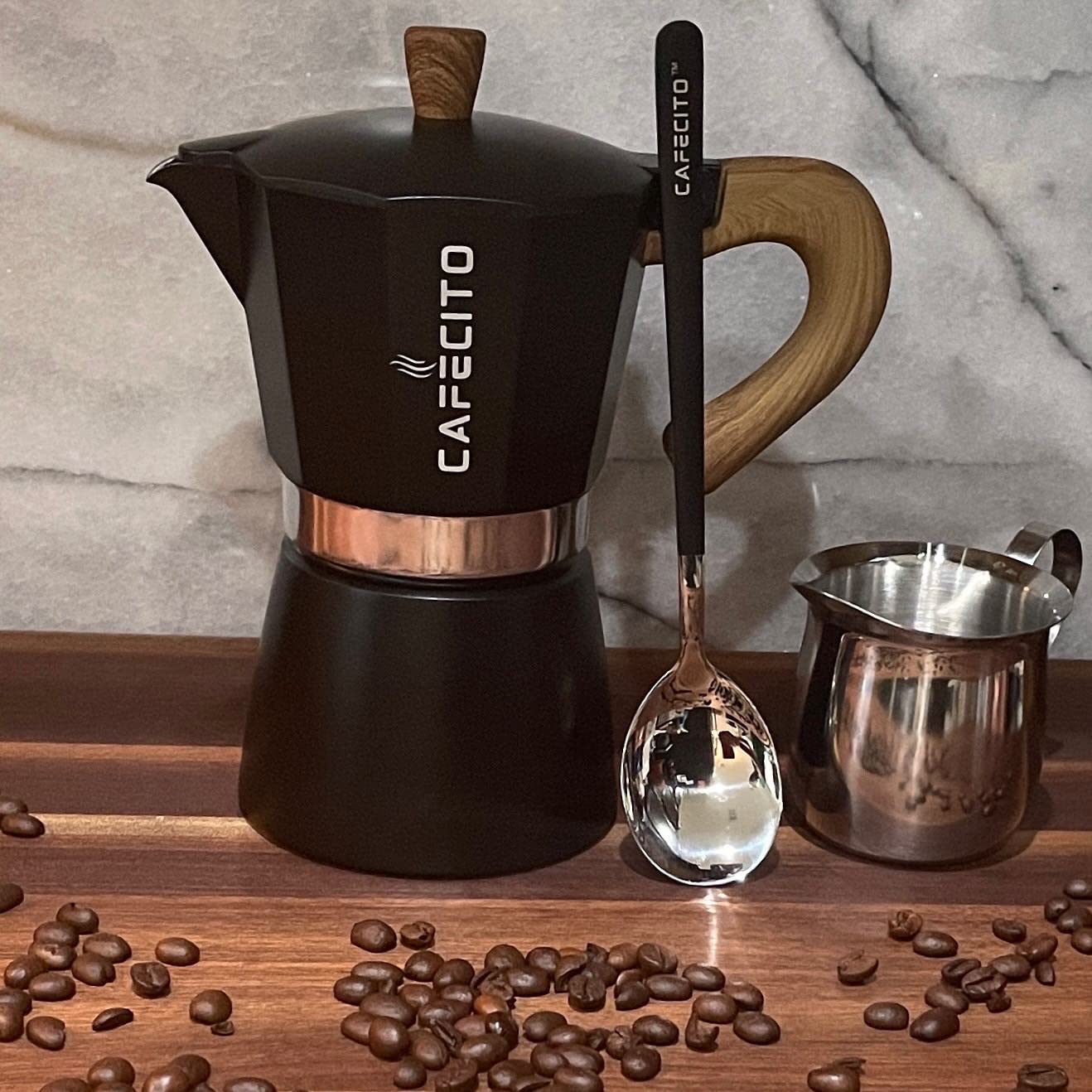 Cuban Coffee Starter Kit | Cafecito 6 Cups Moka Pot Set | Cafetera Cubana Stovetop Espresso Maker Set | Anti-Splash Valve Includ