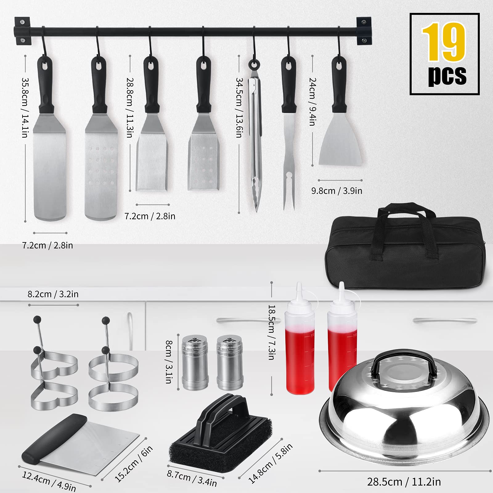 Griddle Accessories Kit  19 Pcs Flat Top Grill Accessories Set for Blackstone and Camp Chef  Griddle Tools Set with Basting Cover  Spatula  Scraper  Bottle  Tongs  Egg Ring for Outdoor BBQ and Camping