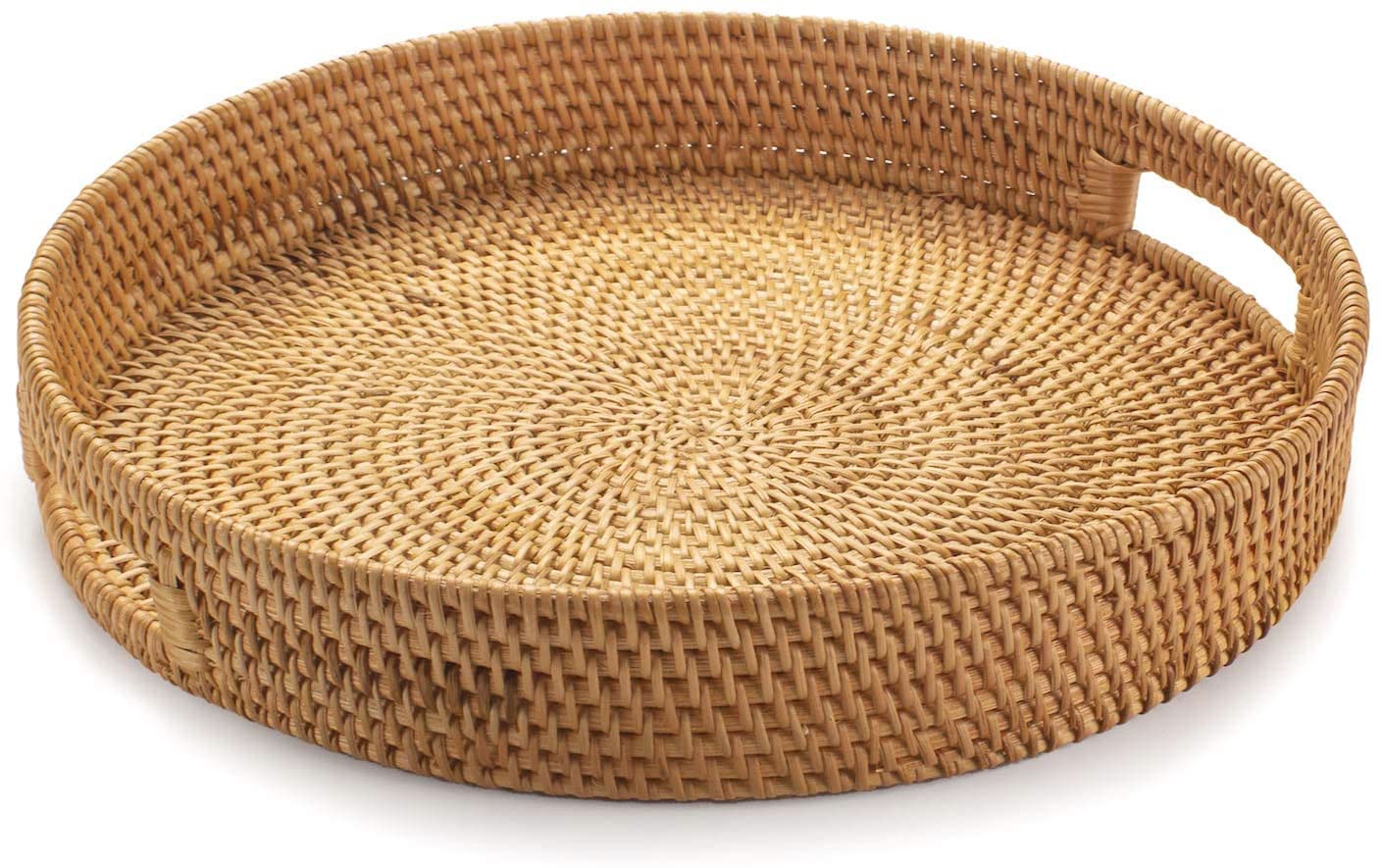 YANGQIHOME Rattan Round Serving Tray, Decorative Coffee Table Tray, Hand Woven Serving Basket with Handles, Ottoman Wicker Fruit