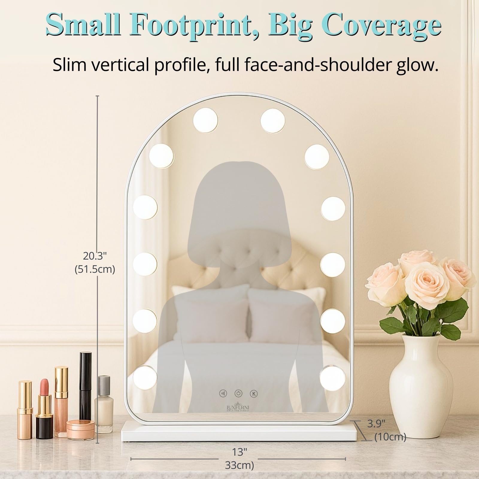 LUXFURNI Hollywood Mirror with Lights Makeup Mirror for Bedroom, Vanity Arched Mirror with 12 Dimmable Bulbs Smart Touch Control
