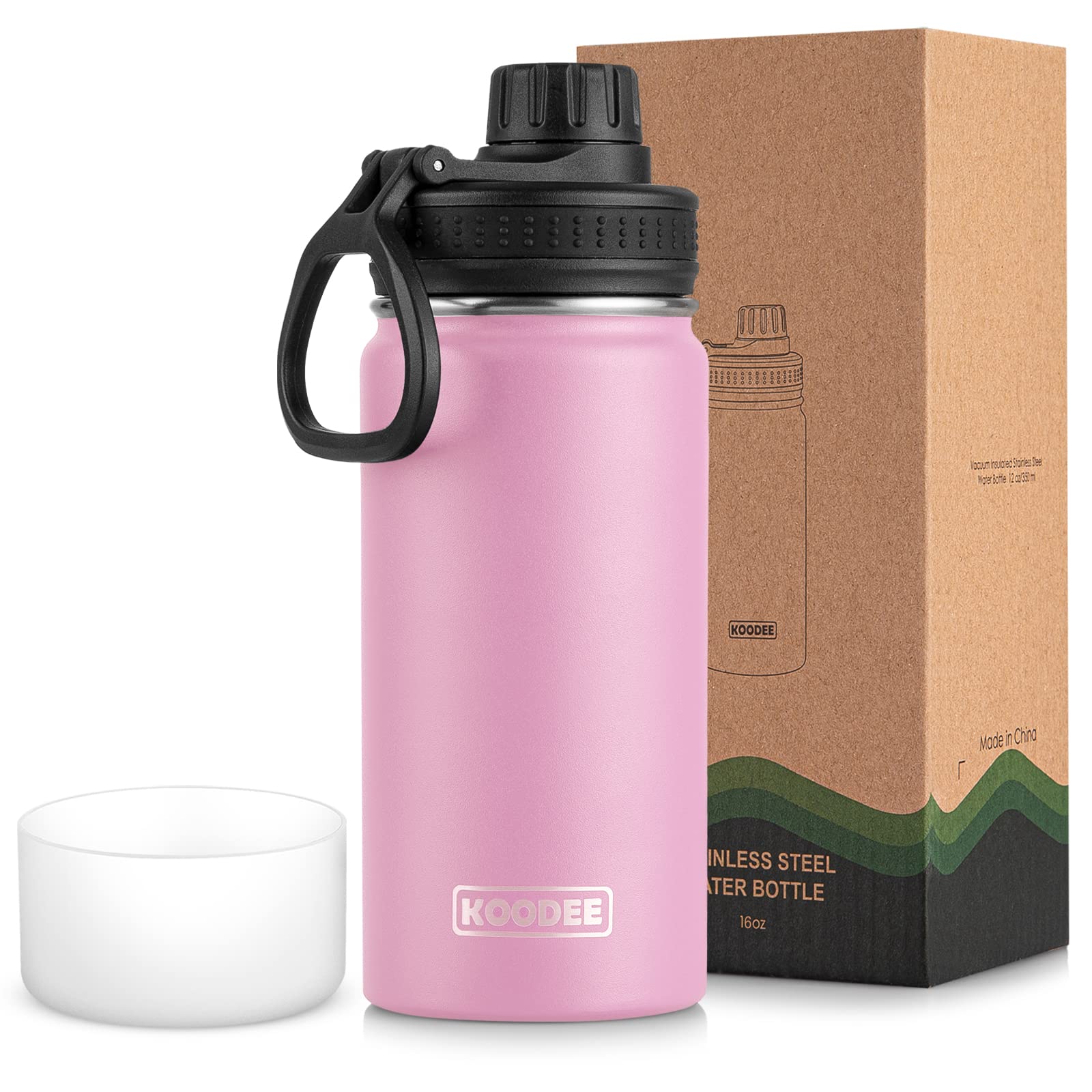 Koodee 16 Oz Water Bottle-Stainless Steel Double Wall Vacuum Insulated Wide Mouth Water Bottle With Leakproof Spout Lid (Pink)