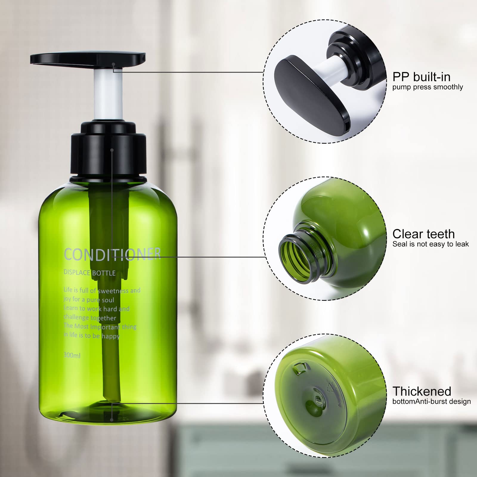 Yeeco Clear Green Pump Bottle,10Oz/300Ml 3 Packs Shampoo Bottles Shampoo Pump Bottle Refillable Soap Dispenser Shampoo And Condi