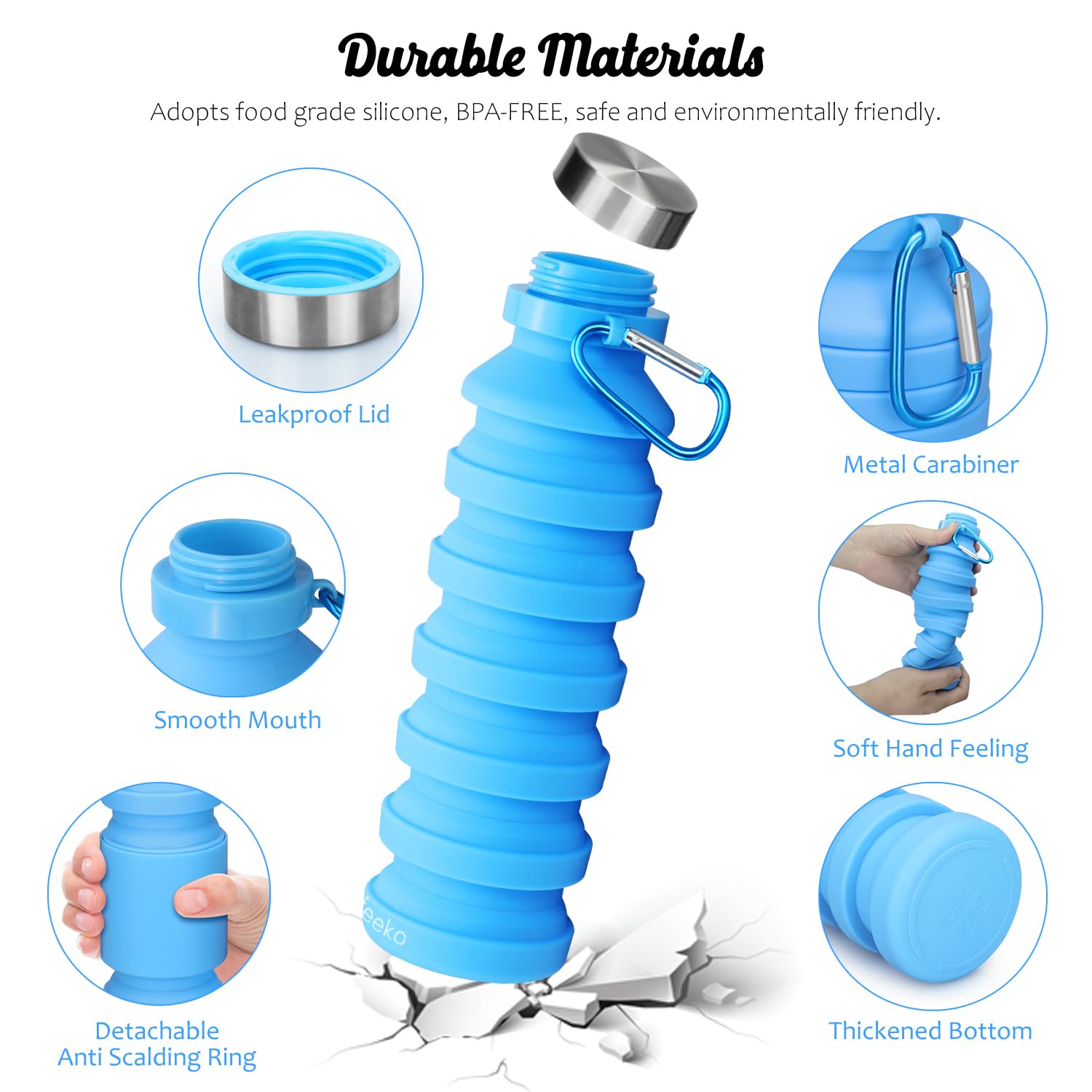 Nefeeko Collapsible Water Bottle, 18Floz Reuseable Bpa Free Silicone Foldable Water Bottles For Travel Gym Camping Hiking, Porta