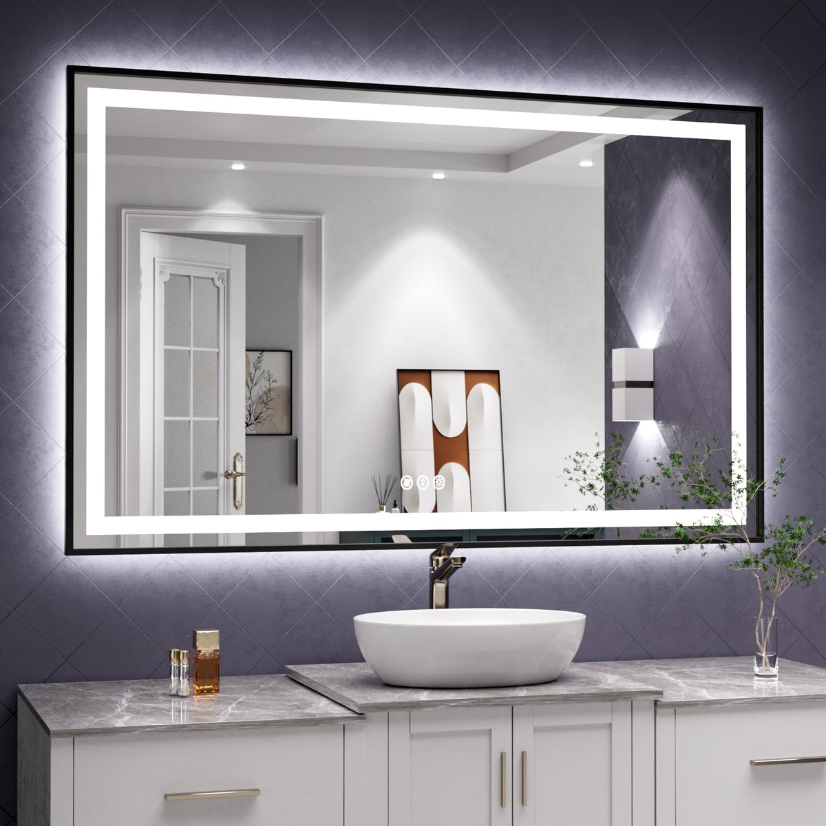 Amorho 50''X 32'' Led Bathroom Mirror With Black Frame, Front Light And Backlit, Stepless Dimmable, Anti-Fog, Shatter-Proof, Mem