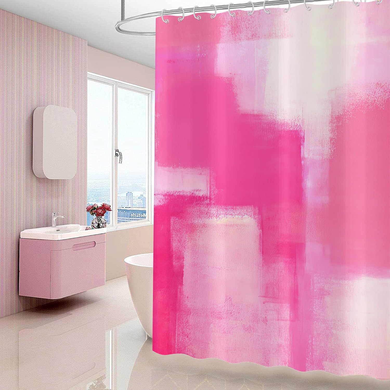 Gcirec Hot Pink Shower Curtain, Watercolor Pink Contemporary Brush Strokes Oil Painting Abstract Bathroom Curtain Waterproof Fab
