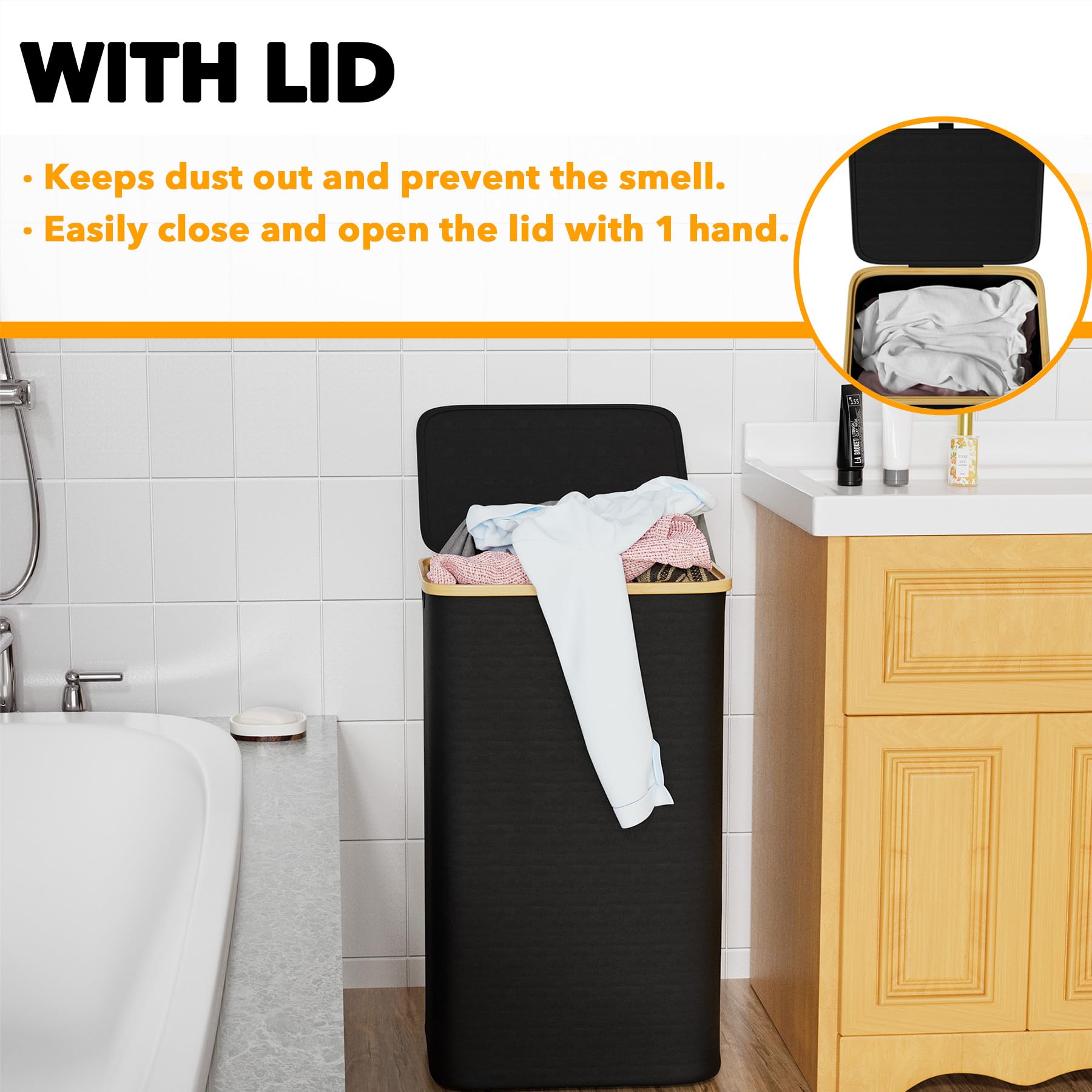 Spaceaid Laundry Hamper With Lid, 110L Large Tall Clothes Basket Bin With Bamboo Handles, Collapsible Laundry Hamper For Bedroom