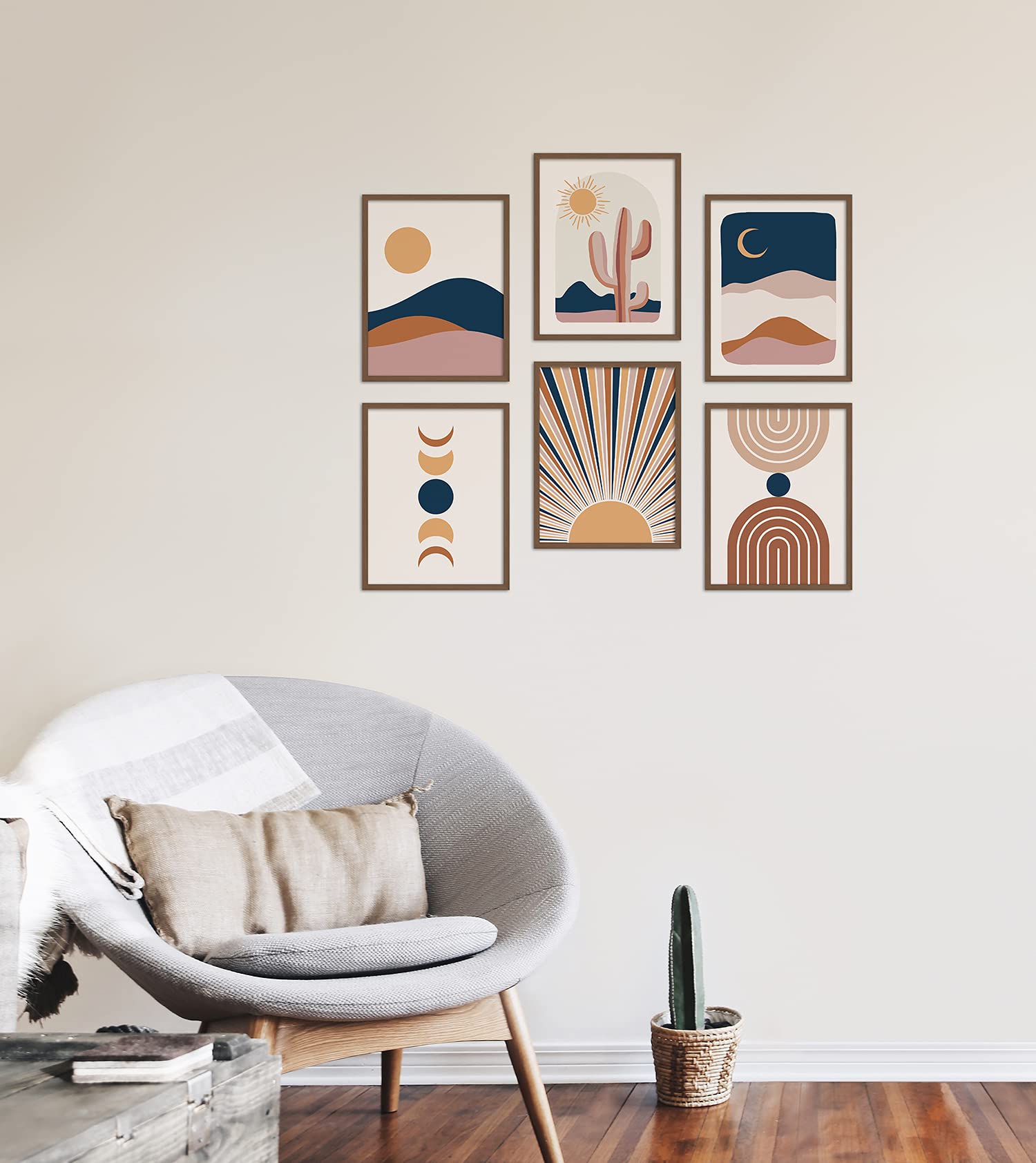 Boho Wall Art Prints Room Decor 8X10 Set Of 6 Boho Posters, Mid Century Modern Prints For Wall Art, Sun Moon Desert Bedroom Deco