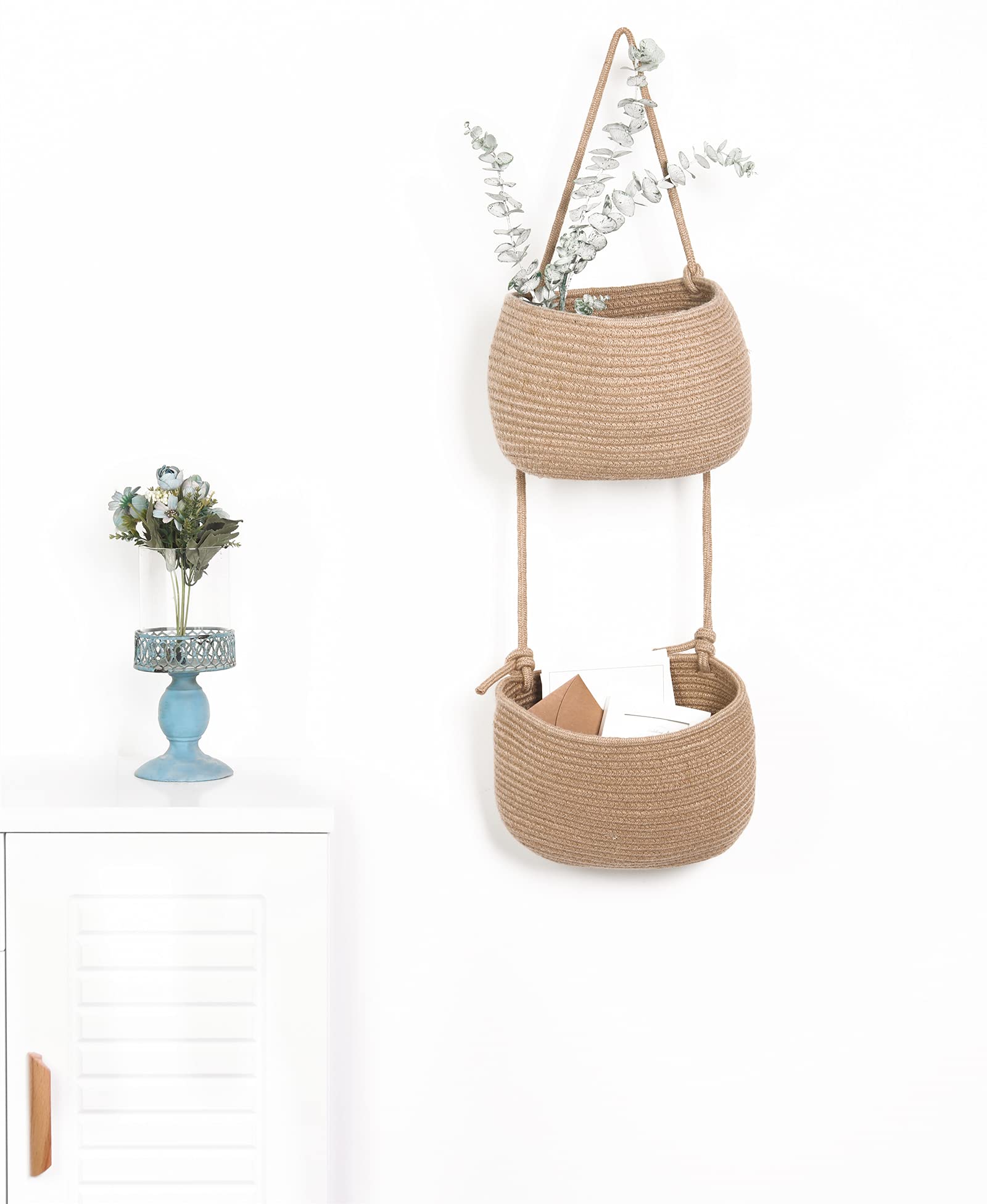 Over The Door Hanging Basket, 2 Tier Cotton Rope Woven Wall Basket, Magazine Racks Hanging Organizer, Decorative Hanging Storage