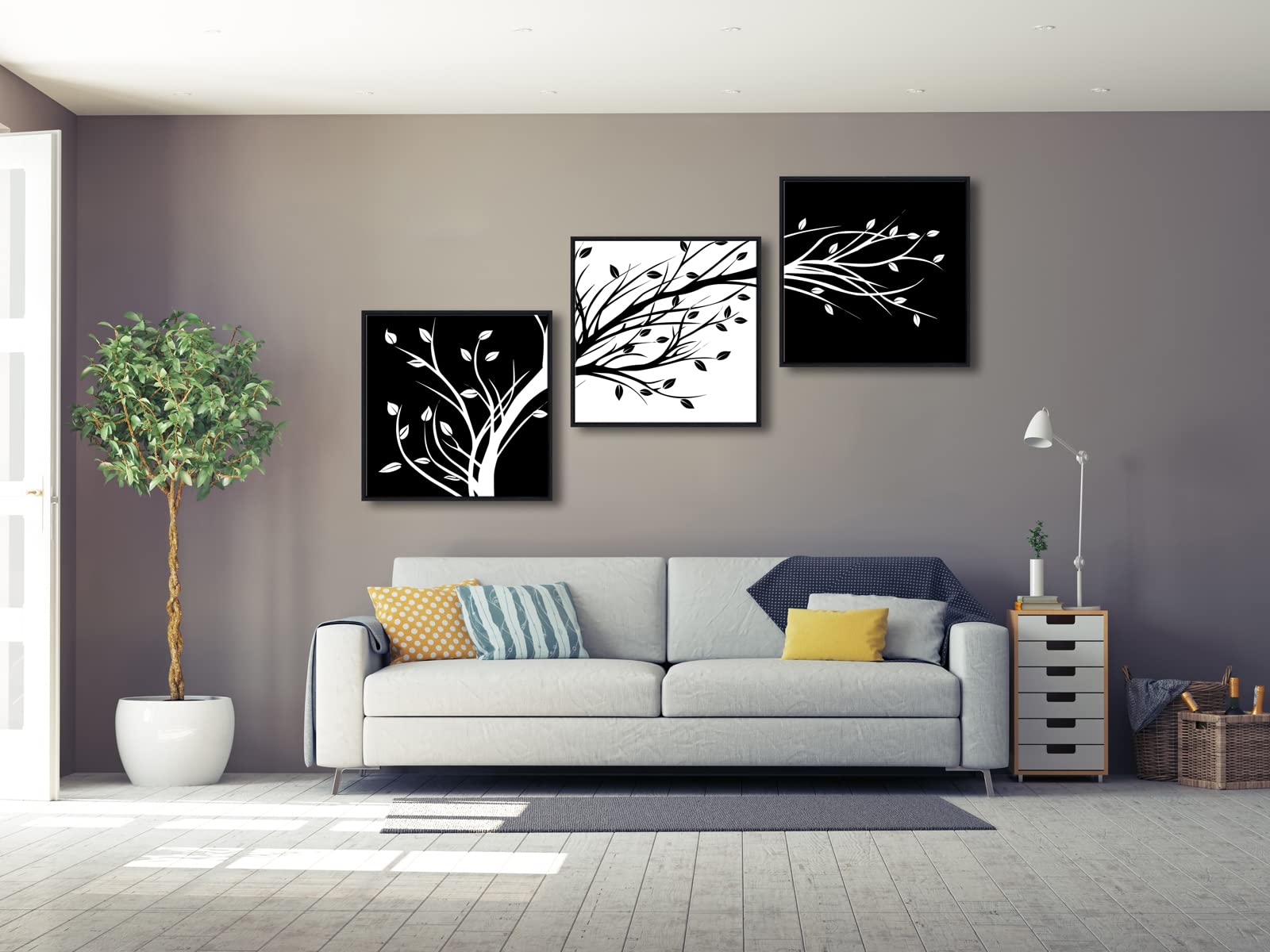 Wieco Art Black Framed Leaves Modern 3 Panels Flowers Artwork Black And White Abstract Floral Trees Canvas Prints Wall Art For L