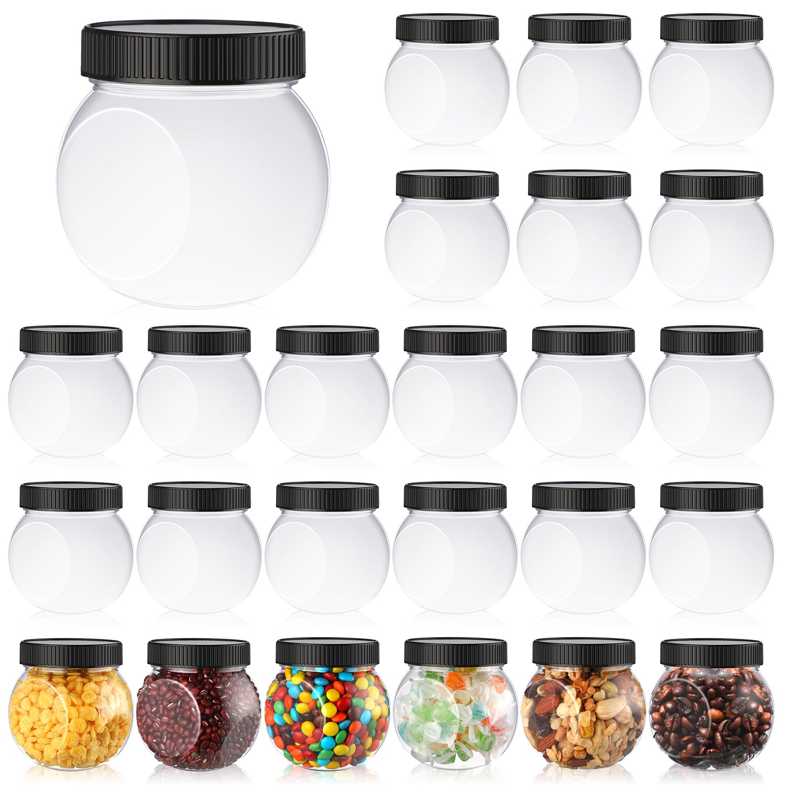 Tradder 24 Pcs Plastic Candy Jars With Lids 8.5 Oz Side Cookie Jar Bulk Kitchen Counter Clear Cookie Container Wide Mouth Candy