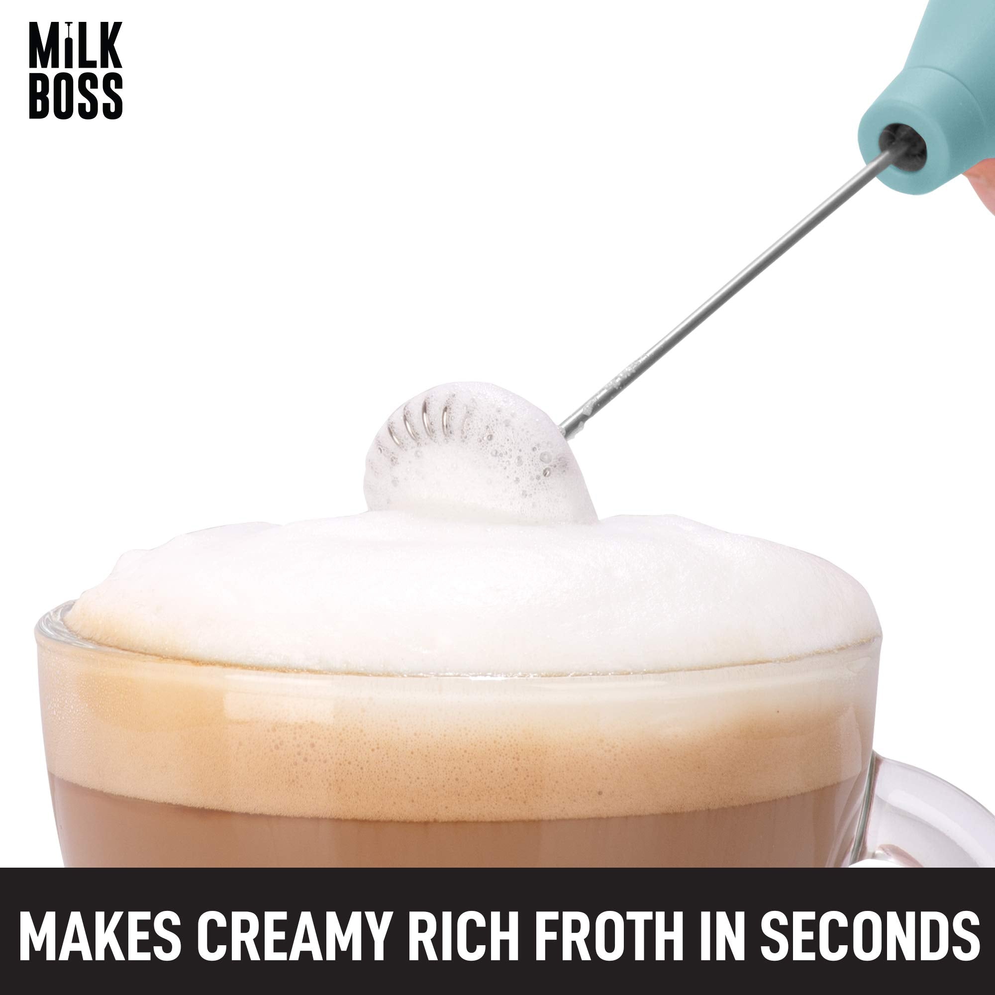 Milk Boss Mighty Milk Frother Handheld Whisk Mixer - Coffee Frother Electric Handheld Foam Maker & Frother For Coffee - Portable Electric Whisk With 16-Piece Stencils For Lattes  Matcha (Smooth Teal)?