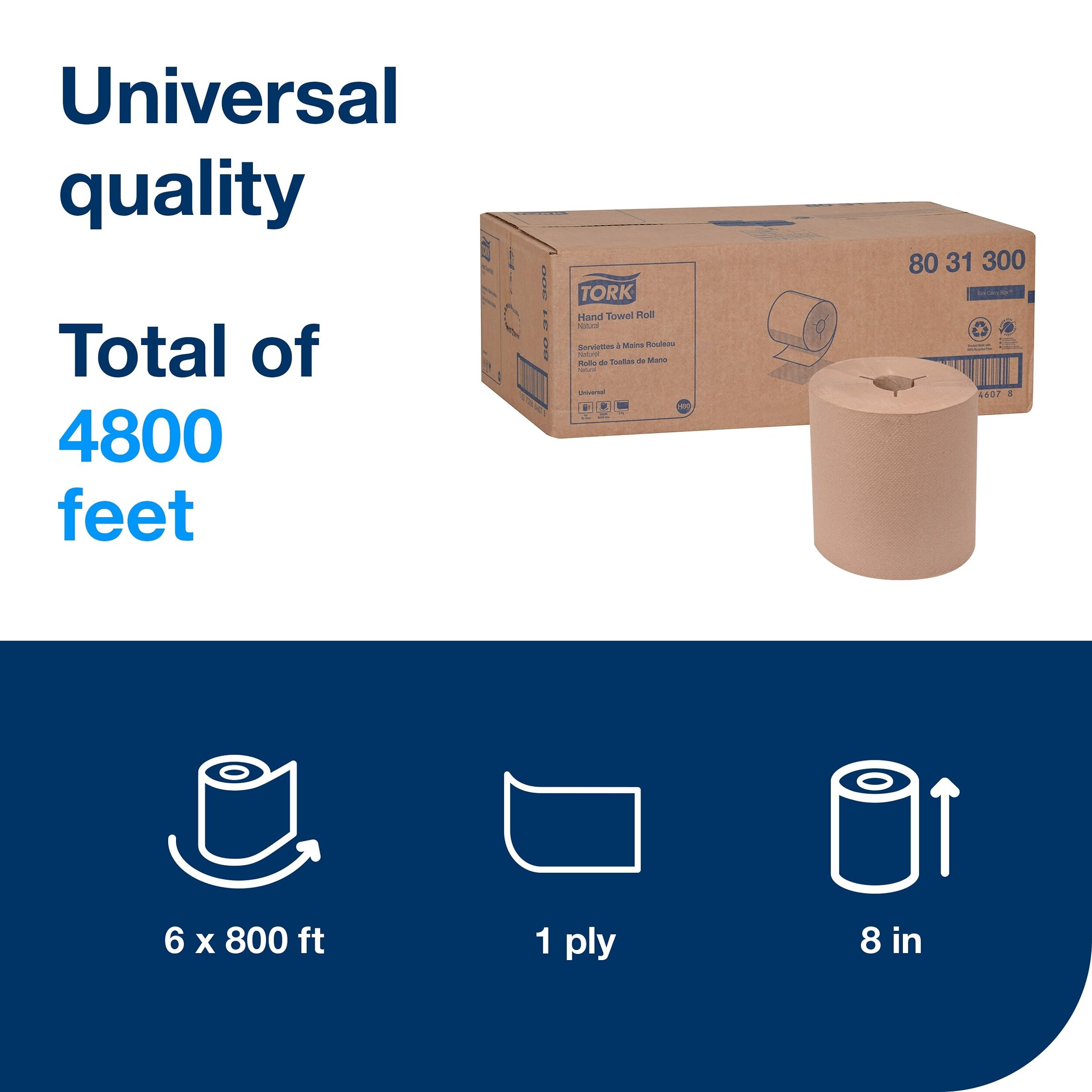 Tork Hand Towel Roll Natural H80, Universal, 100% Recycled Fiber, 6 Rolls X 800 Ft, 8031300