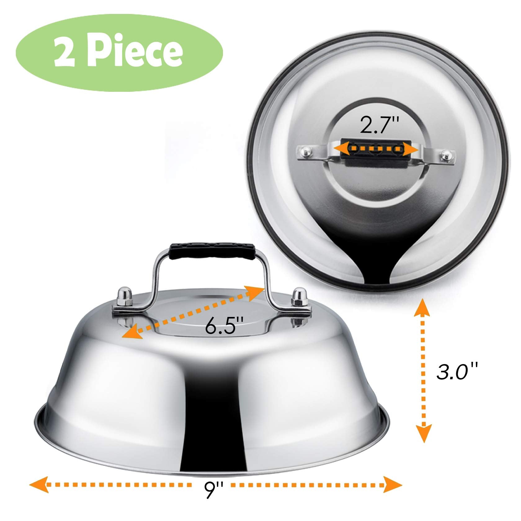 9Inch Cheese Melting Dome Set Of 2, Leonyo Stainless Steel Steam Basting Cover For Griddle Grill Flat Top Cast Iron, Heavy Duty
