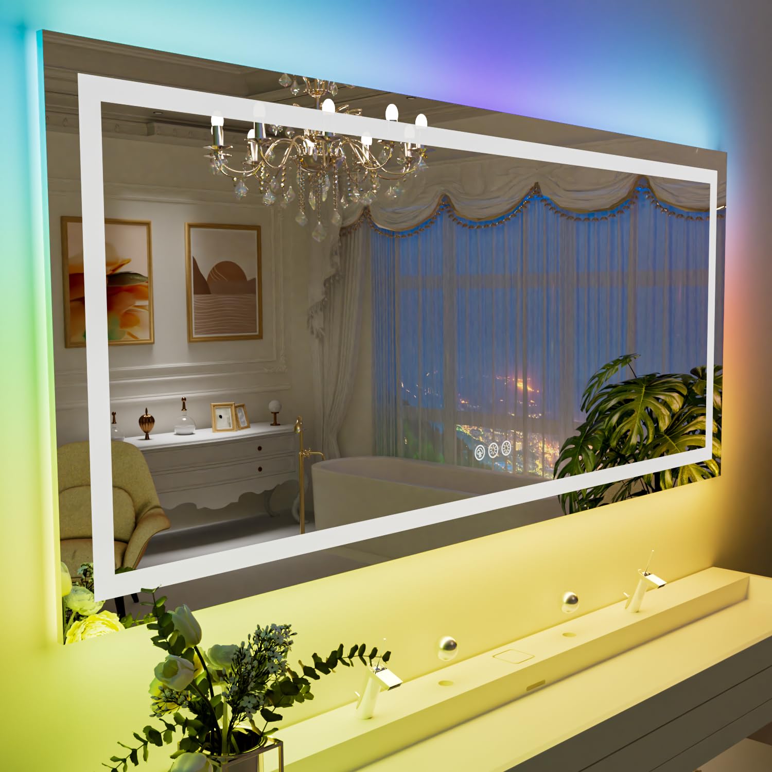 Loaao 55   X36 Rgb Led Bathroom Mirror With Lights, Large, Anti-Fog, Dimmable Smart Lighted Bathroom Vanity Mirror, Multiple Lig
