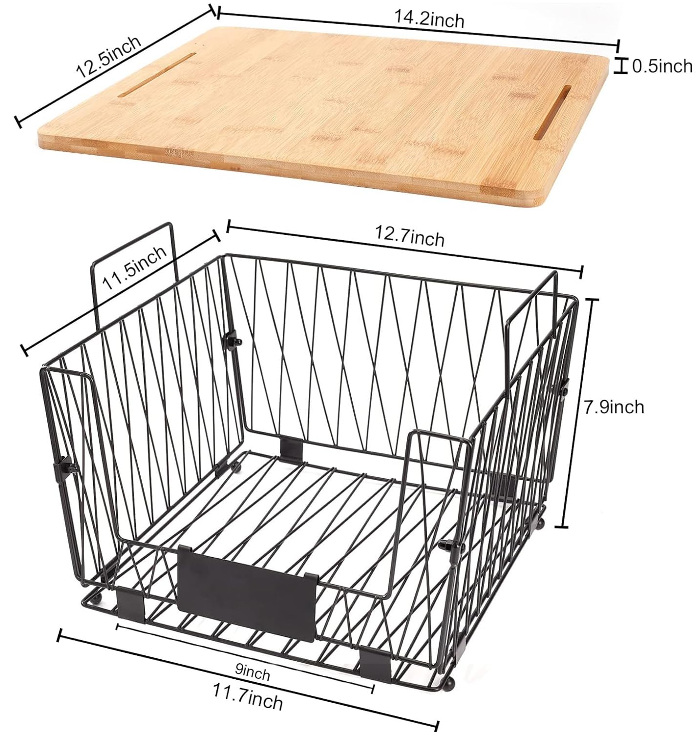 2 Pack Stackable Wire Storage Baskets With Wood Lid- Kitchen Countertop Organizer For Fruit Vegetable -Large Metal Bin For Pantr