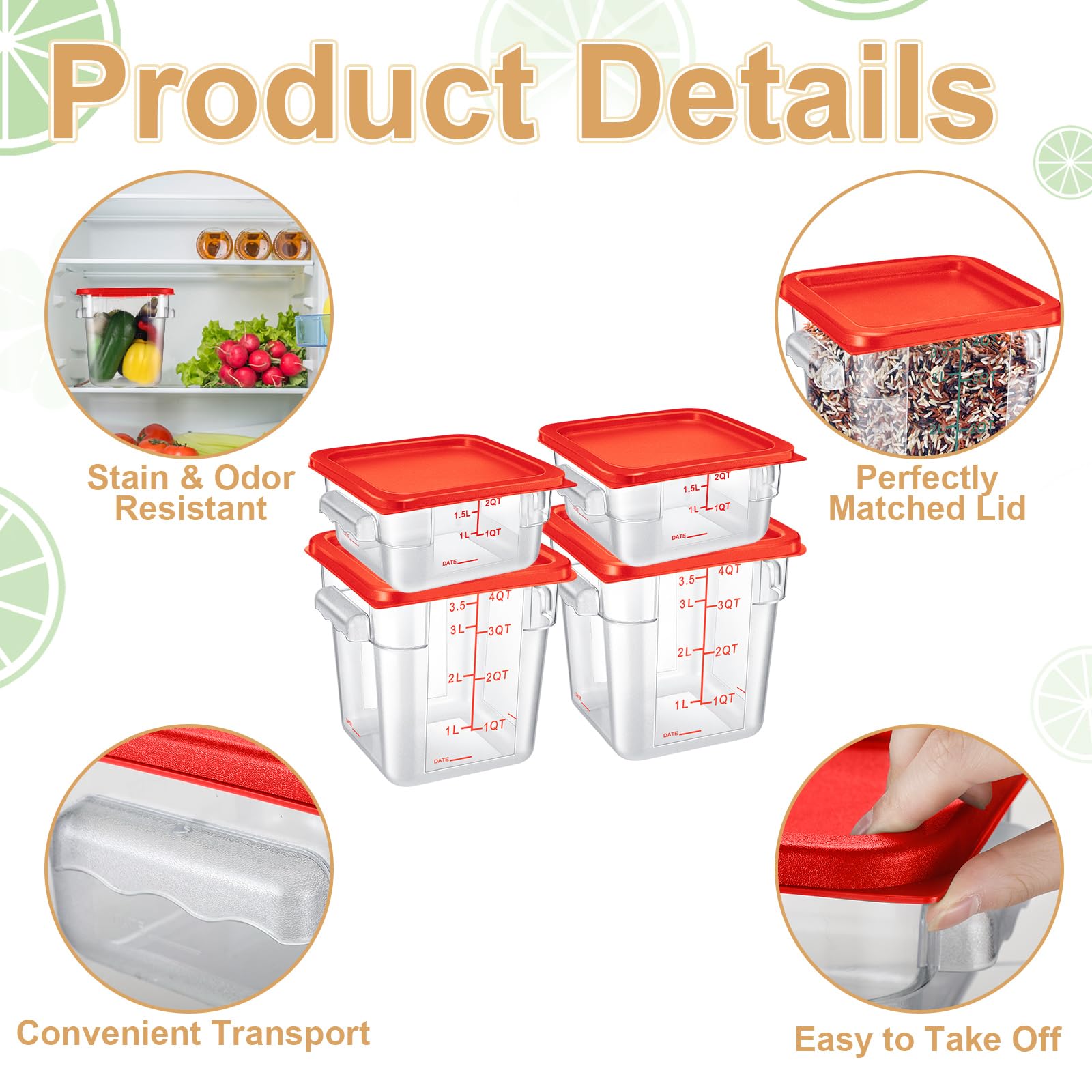Barydat 4 Pcs Food Storage Container With Lids Set 2Qt And 4Qt Square Clear Commercial Containers With Scales Handles For Home R