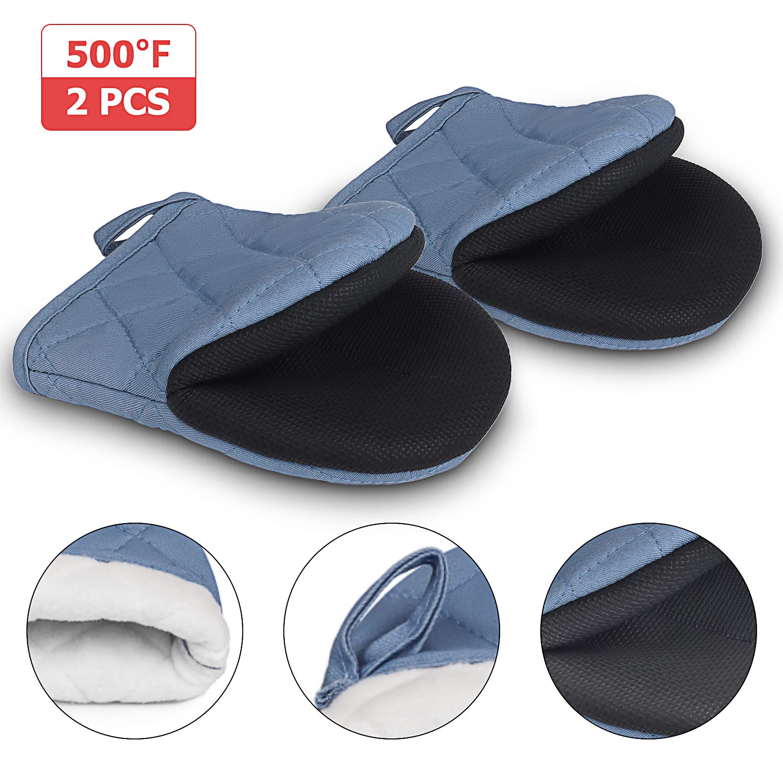 1 Pair Short Oven Mitts, Heat Resistant Silicone Kitchen Mini Oven Mitts For 500 Degrees, Non-Slip Grip Surfaces And Hanging Loo