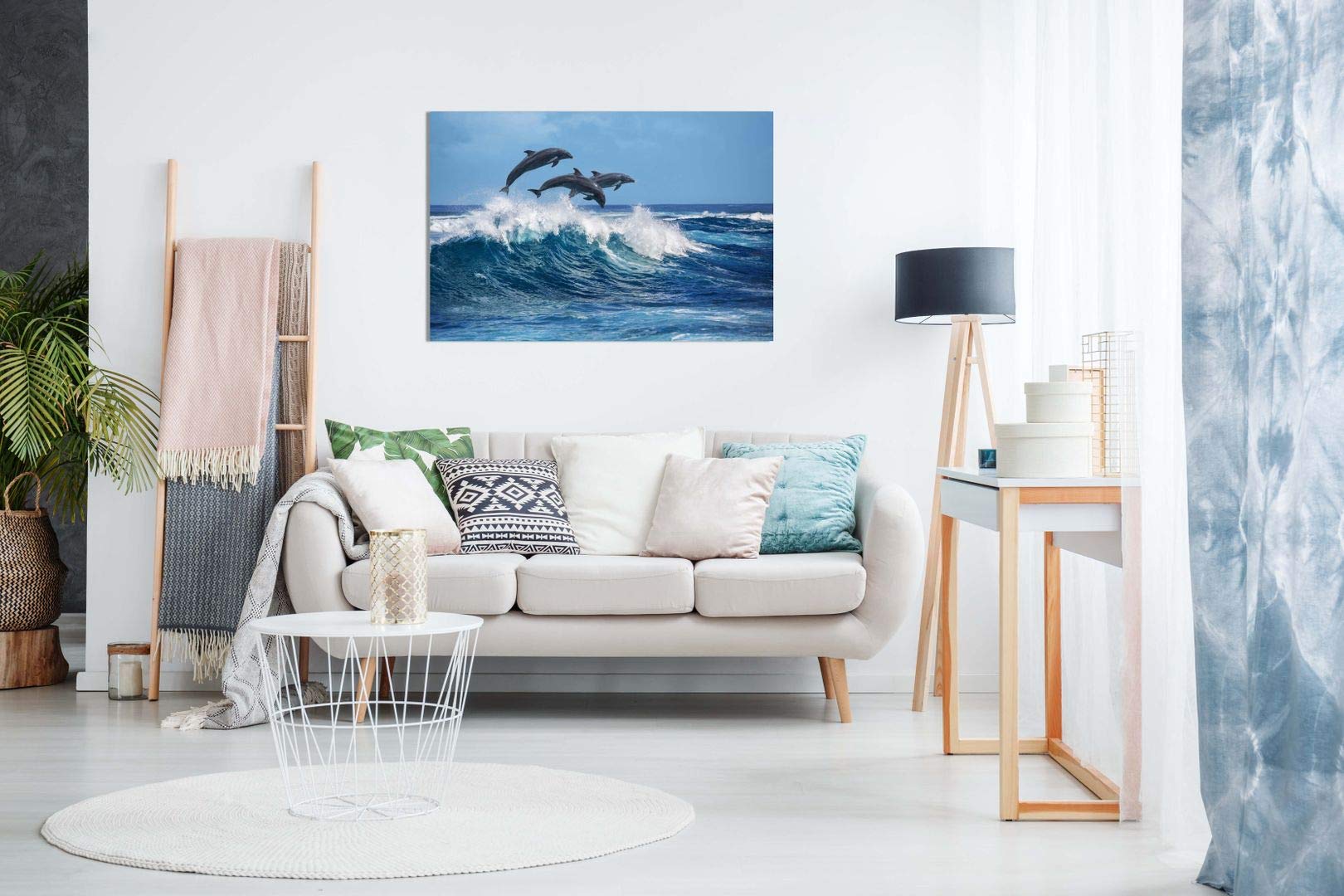 Dolphins Jumping Over Blue Waves Ocean Wildlife Canvas Wall Art Picture Print (24X16)
