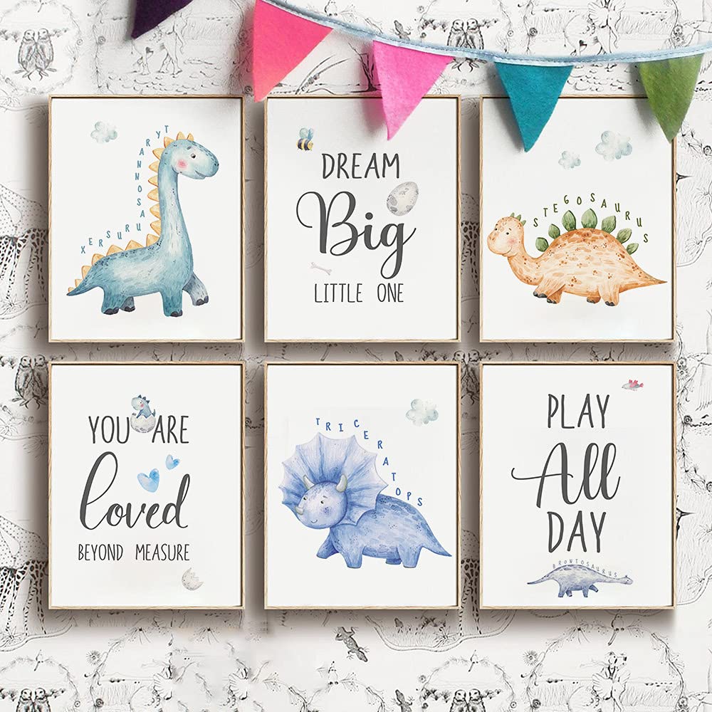 Suuura-Oo Dream Big Cute Baby Dinosaur Watercolor Art Print, Set Of 6 (8   X10   ) Dinosaur Inspirational Decor, Dinosaur Love Q