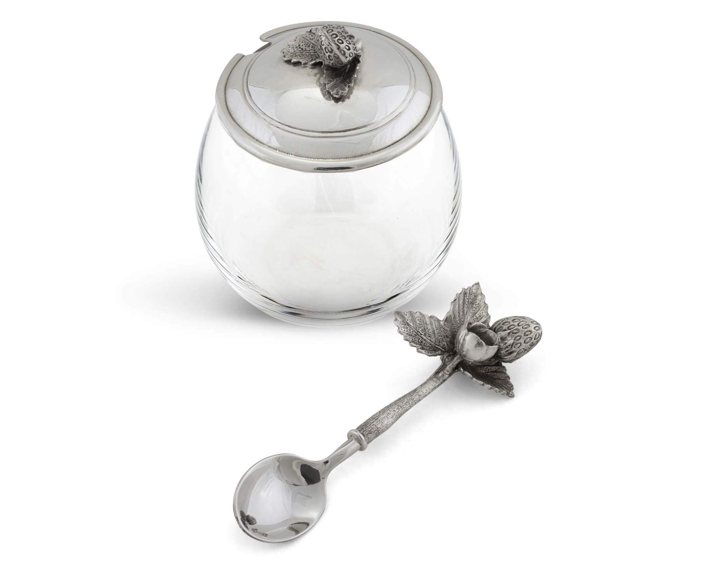 Vagabond House Glass Pot With Pewter Metal Strawberry Jam Jar Jelly Pot With Lid And Serving Spoon 5 Inch Tall 12 Oz