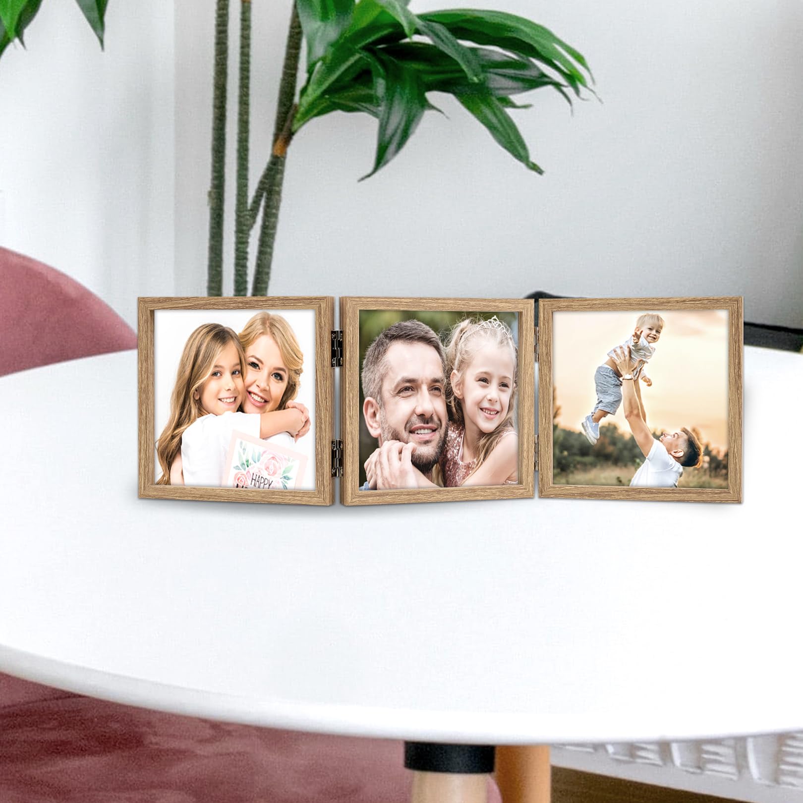 3 Picture Frame 5x5 Triple Hinged MDF Wood Grain with Glass Front Three Opening Photo Frame Stand Vertical on Tabletop