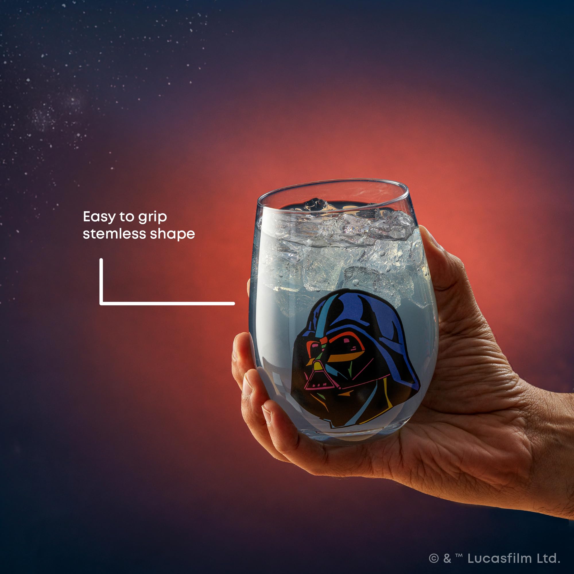 Joyjolt Star Wars Cosmic Color Stemless Drinking Glasses, 19Oz Glass Cups Ft Darth Vader Stormtrooper Boba Fett R2-D2, Star Wars