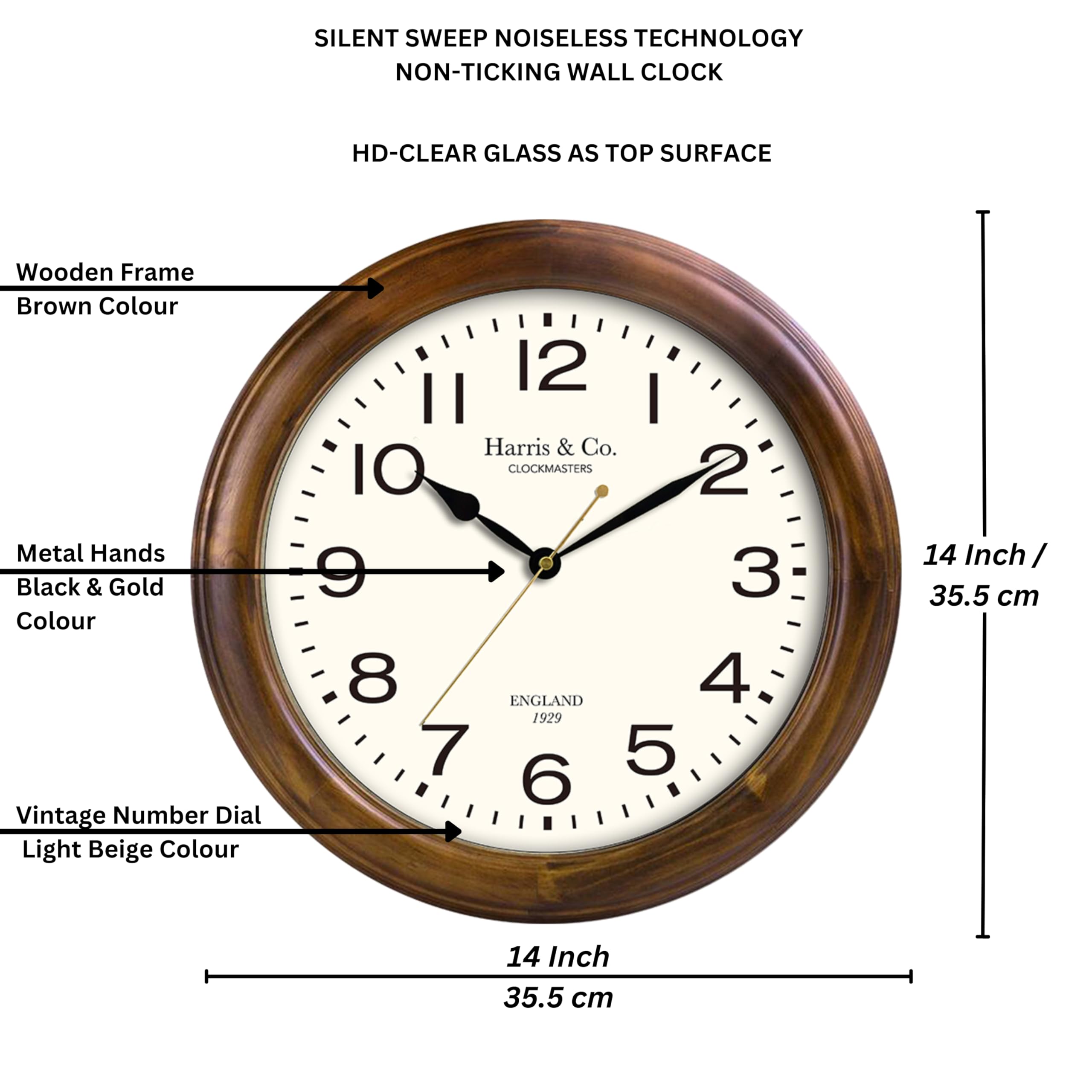 Harris & Co. Clockmasters Vintage Classic Design Analog Wall Clock- 14 Inch (Wooden Dark Teak Frame & Hd Clear Glass) (Silent Sw