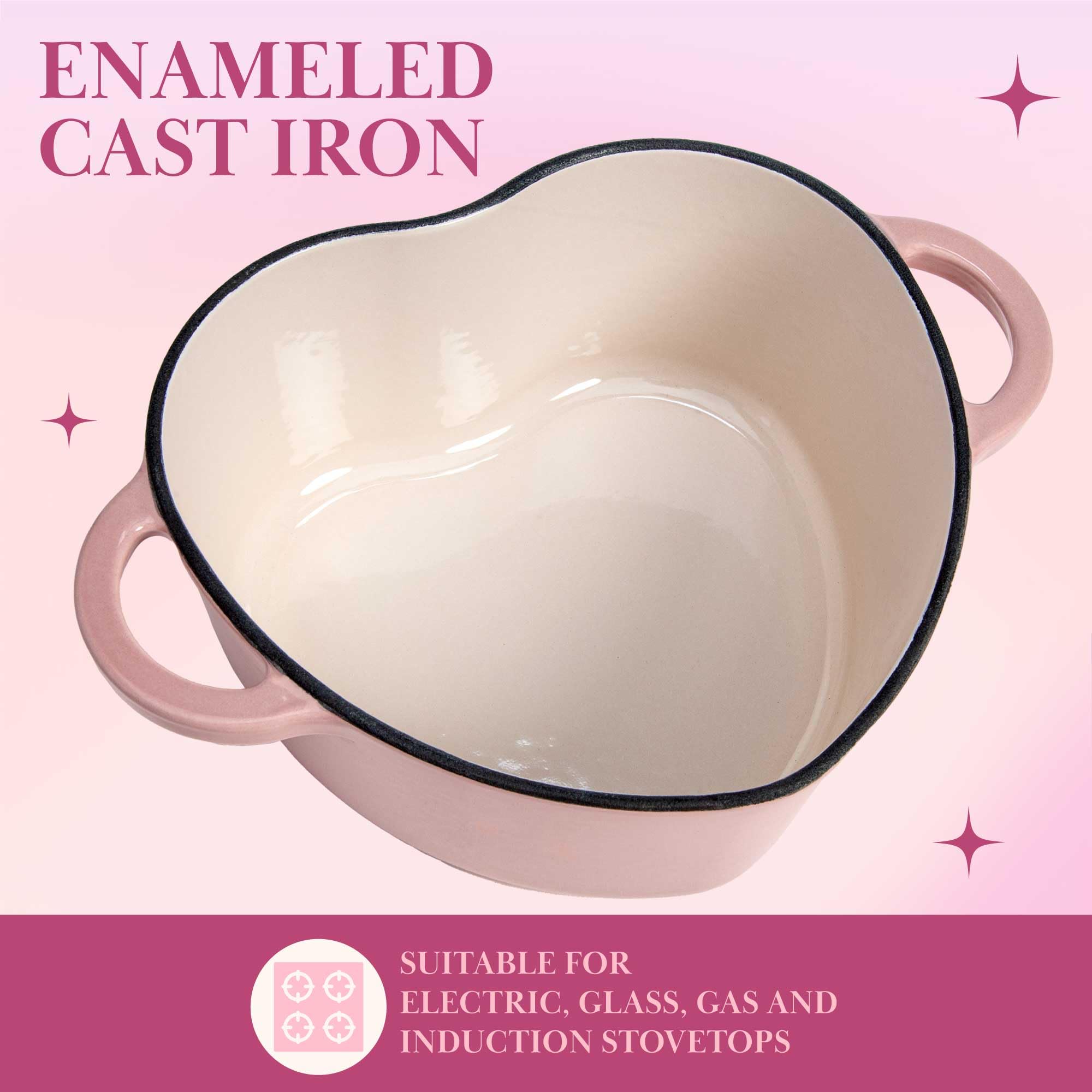 Paris Hilton Enameled Cast Iron Dutch Oven, 2-Quart, Pink, Heart-Shaped, Oven Safe to 500°F, Works on All Stovetops