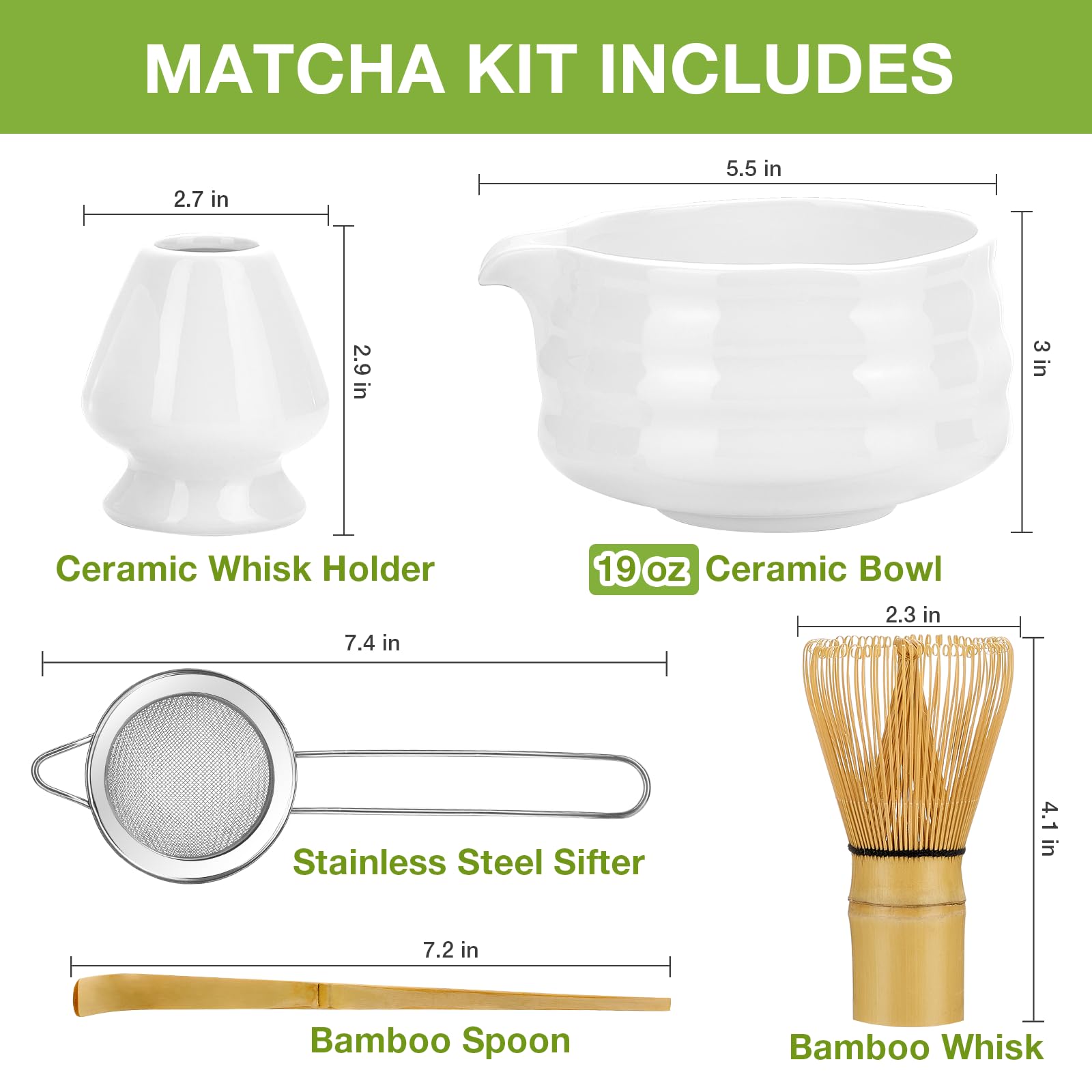 Matcha Whisk Set, Japanese Tea Set (5Pcs) Includes Matcha Bowl With Spout (19 Oz), Bamboo Matcha Whisk And Matcha Scoop, Matcha