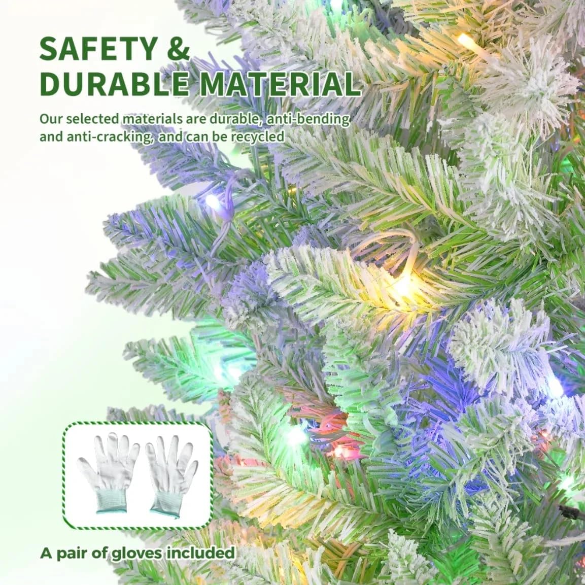 7.5ft Snow Flocked Pencil Christmas Tree with Green Gradient, Slim Artificial Xmas Tree on Sturdy Metal Stand, Skinny Holiday De