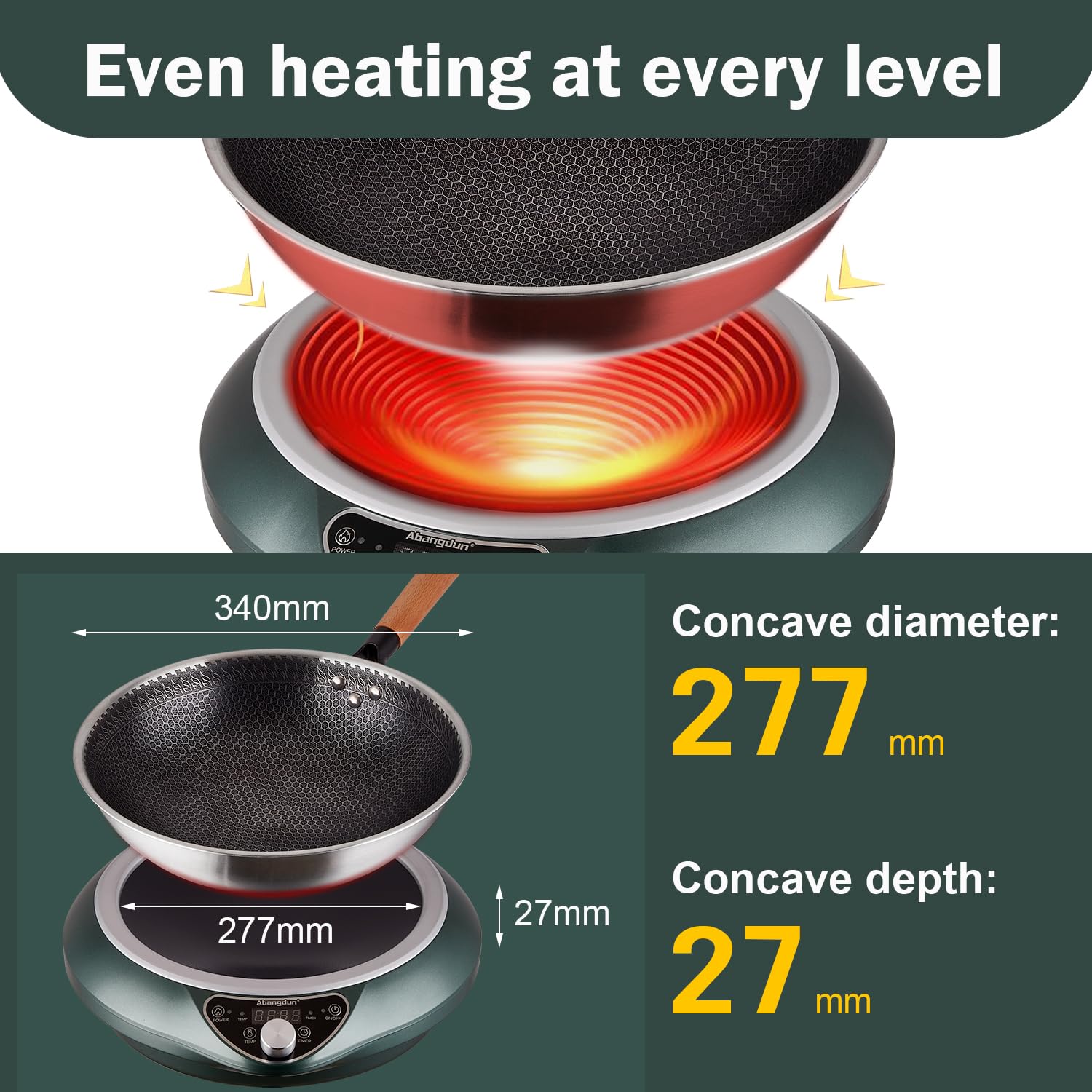 Abangdun Induction Wok Cooktop 1700W 120V Concave Induction Cooker Wok Burner(Authentic 13.4-Inch 304 Stainless Steel Cooking Wo
