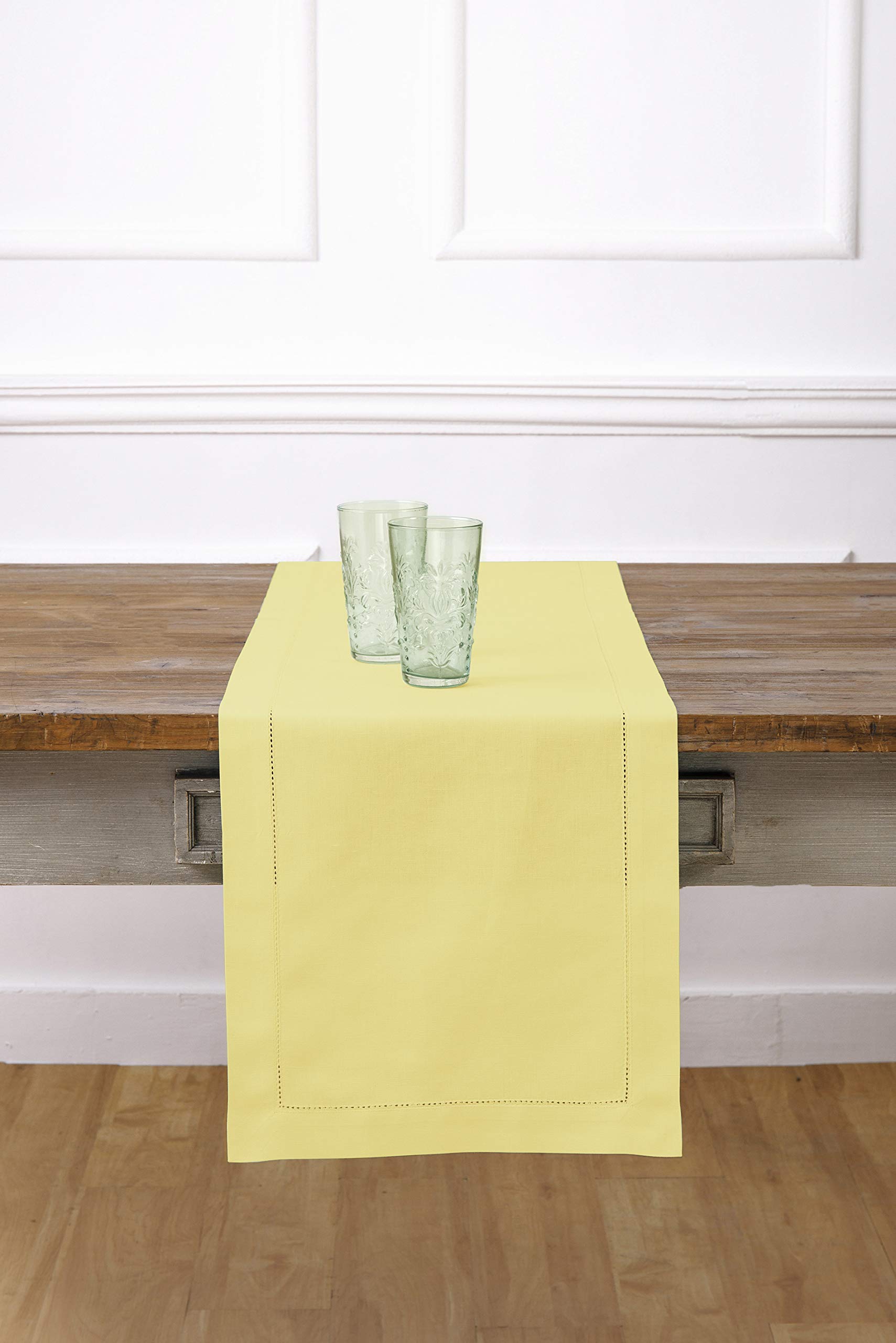 Solino Home Yellow Table Runner 48 Inch - Cotton Linen Hemstitch Short Table Runner 14 X 48 Inch Ideal For Dresser And Coffee Ta
