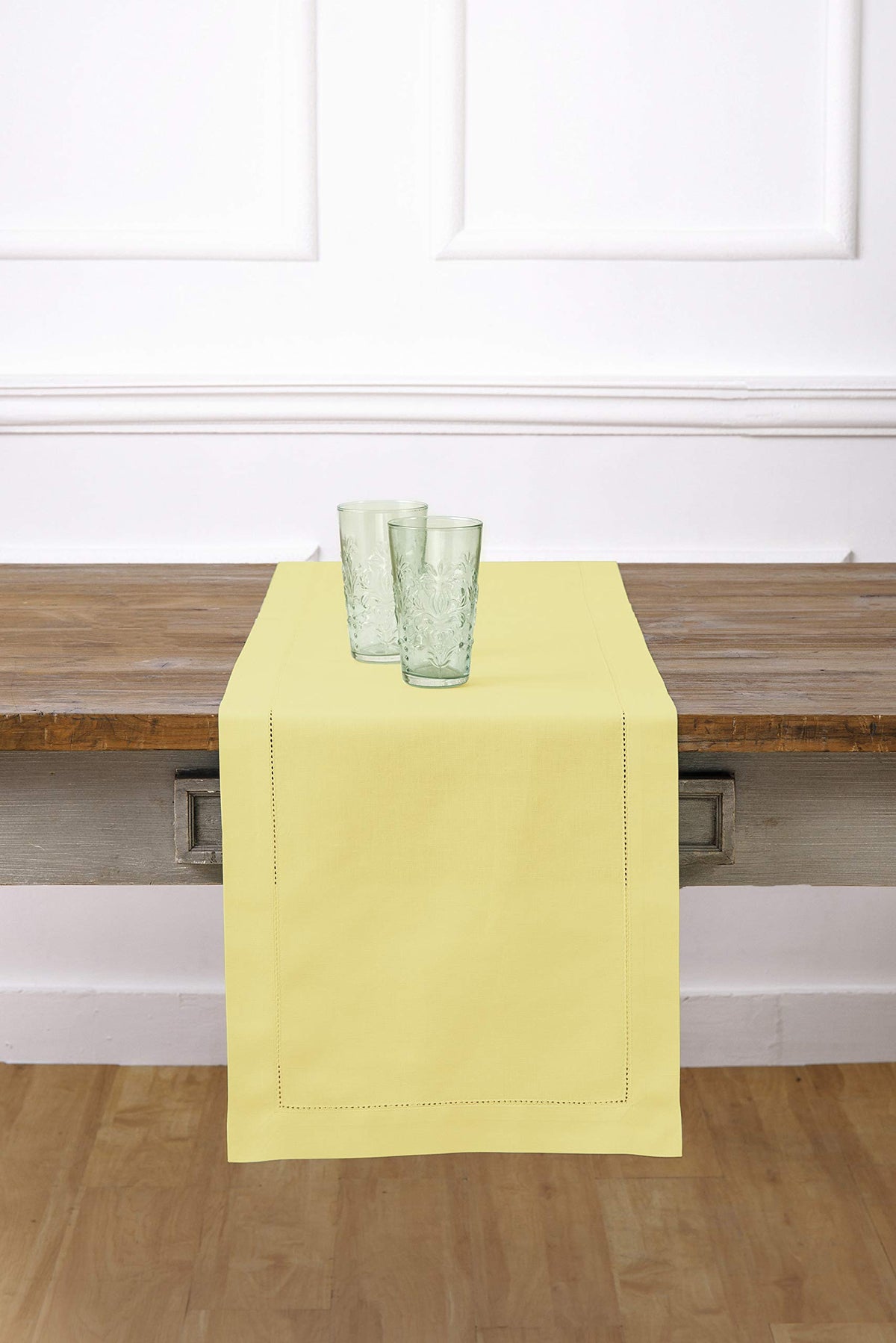 Solino Home Yellow Table Runner 48 Inch - Cotton Linen Hemstitch Short Table Runner 14 X 48 Inch Ideal For Dresser And Coffee Ta