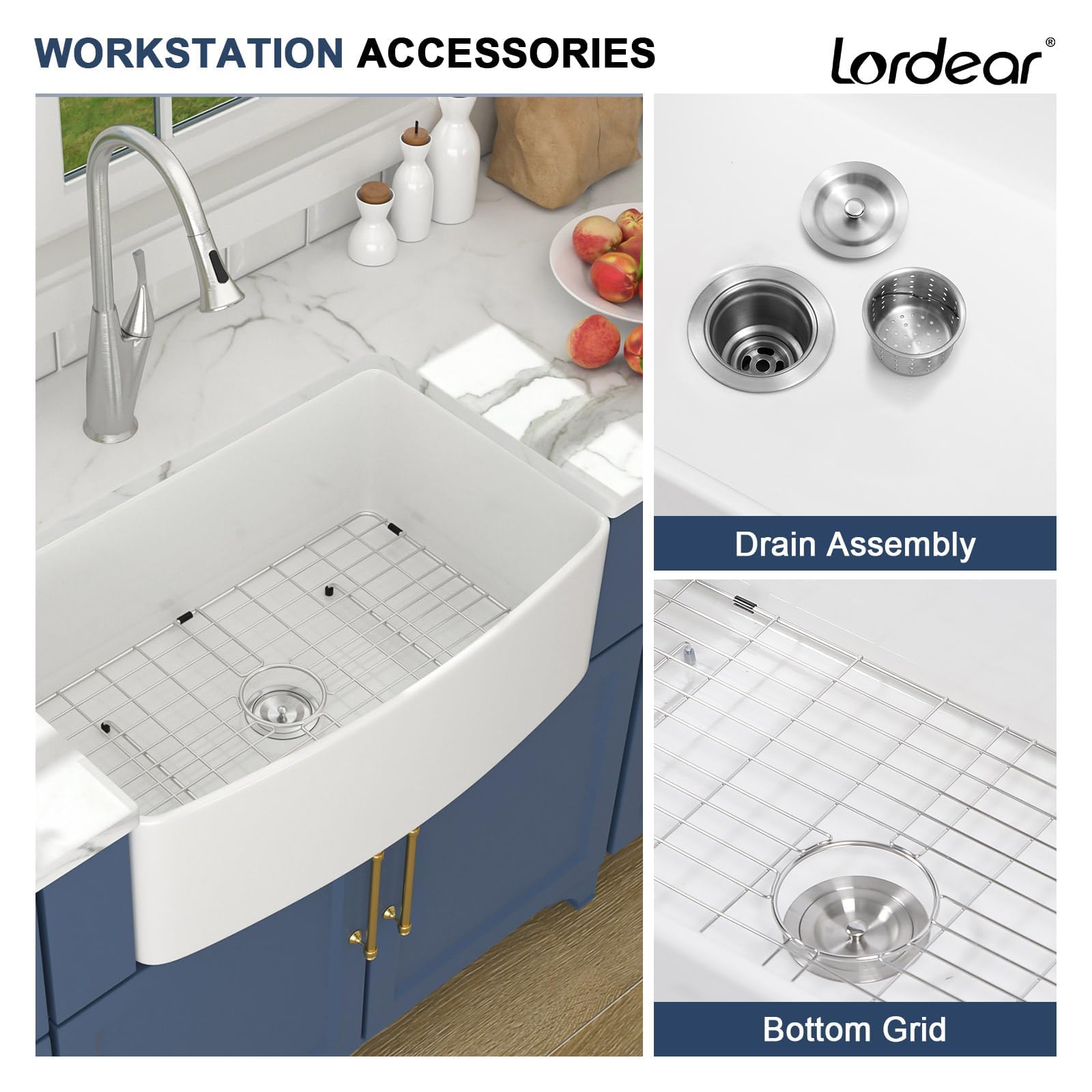 Lordear 30 White Farm Sink 30X19 Inch Farmhouse Sink White Fireclay Ceramic Porcelain Curved Apron Front Single Bowl Farm Kitche