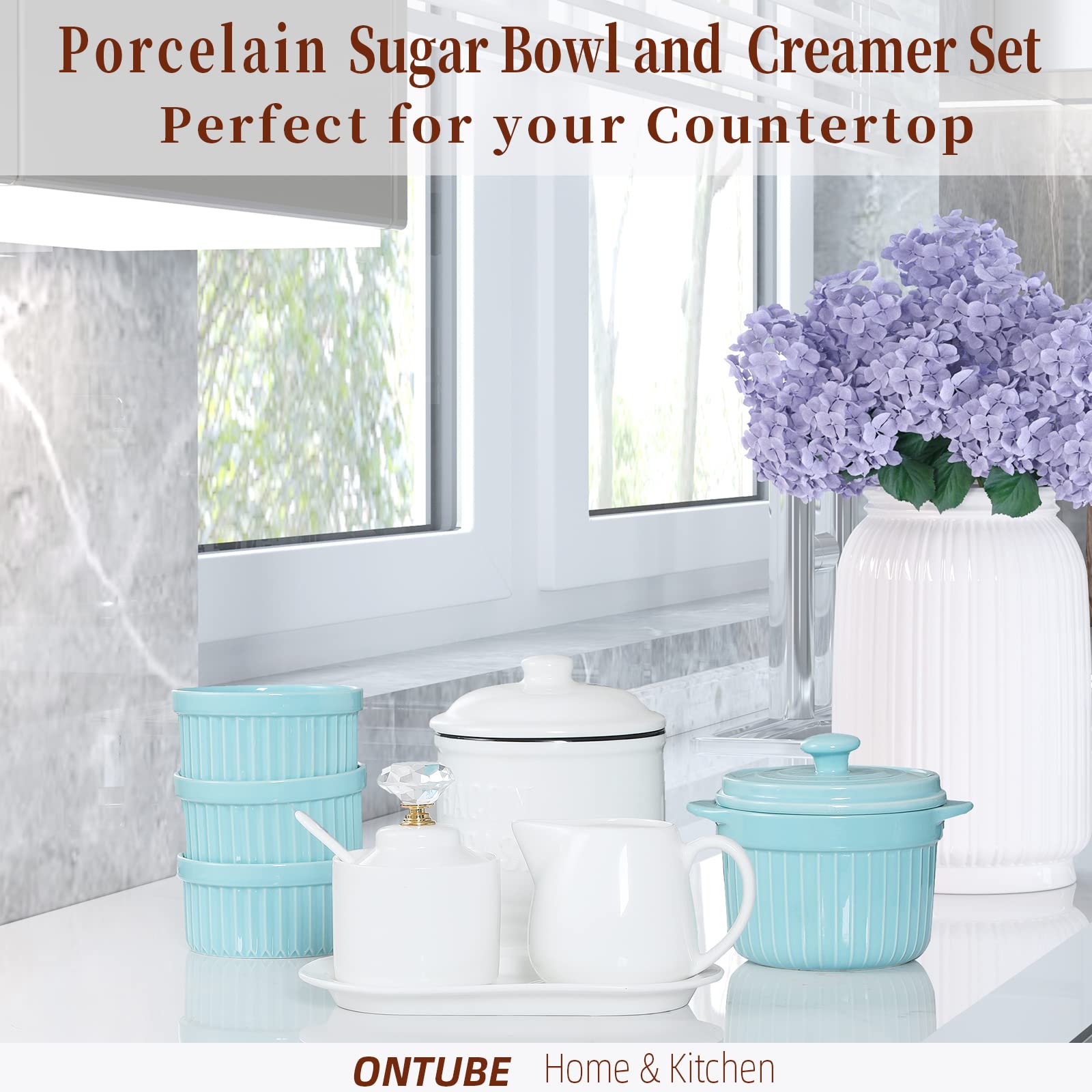Ontube Porcelain Sugar And Creamer With Tray And Crystal Lid Set Of 4 (Gold)