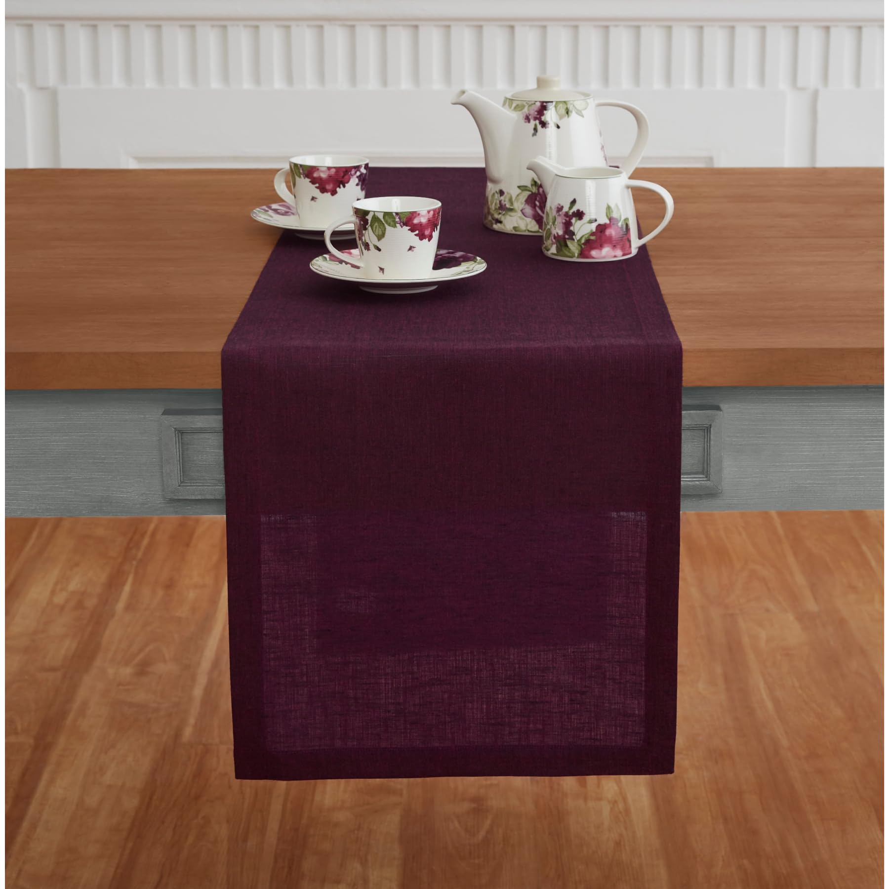 Solino Home Linen Table Runner 48 Inch - 100% Pure Linen Chambray Burgundy Table Runner 14 X 48 Inch - Machine Washable Dining T