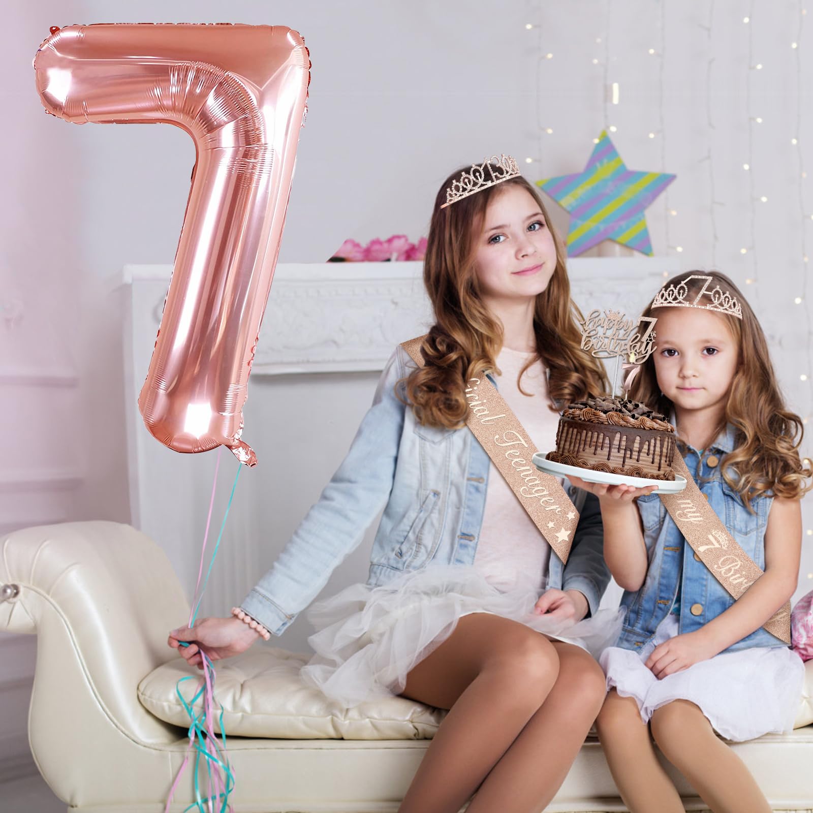 7Th Birthday Decorations For Girl Including 7Th Birthday Girl Sash And Tiara For Girls, 7 Birthday Candles And Cake Topper, 7 Ba