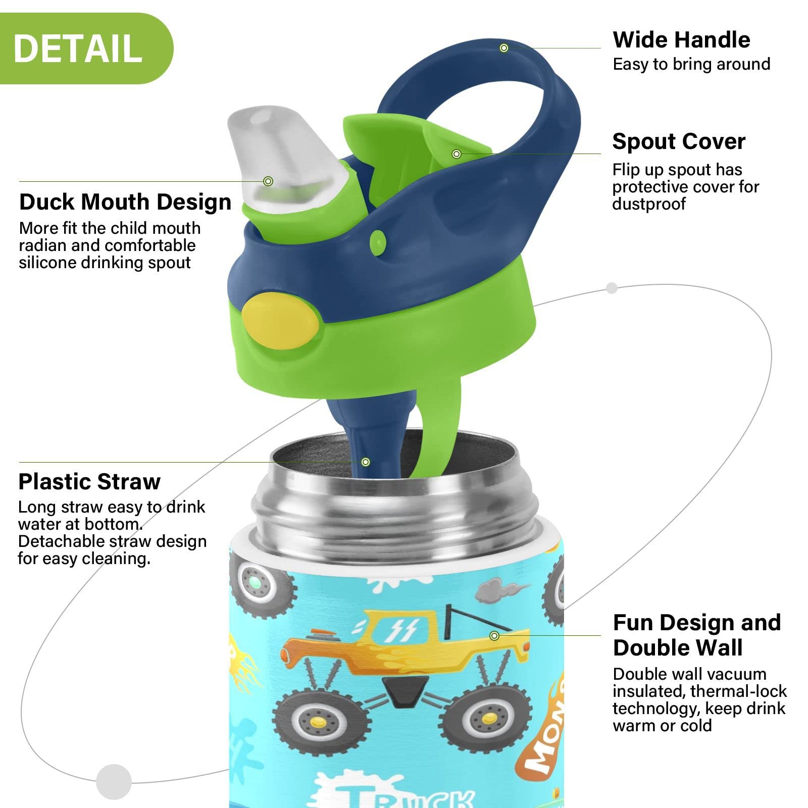 Boccsty Monster Truck Cartoon Car Kids Water Bottle With Straw Lid Insulated Stainless Steel Reusable Tumbler For Boys Girls Tod
