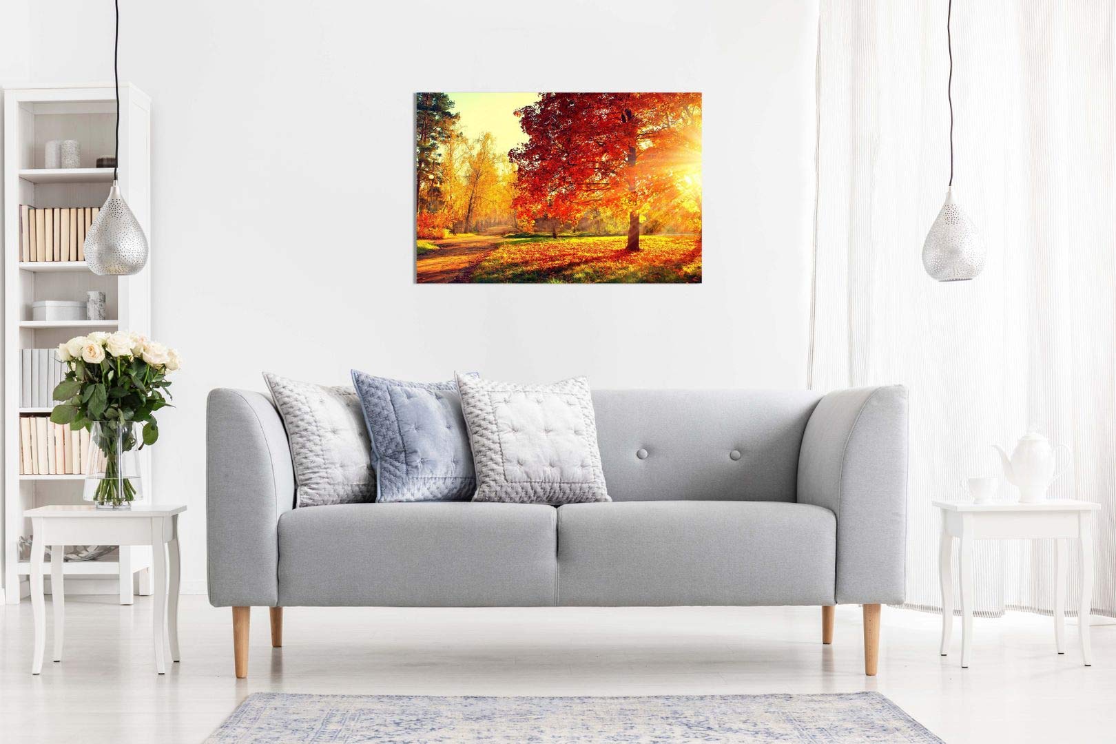 Autumn Scene Trees And Leaves In Sun Light Canvas Wall Art Picture Print (30X20In)