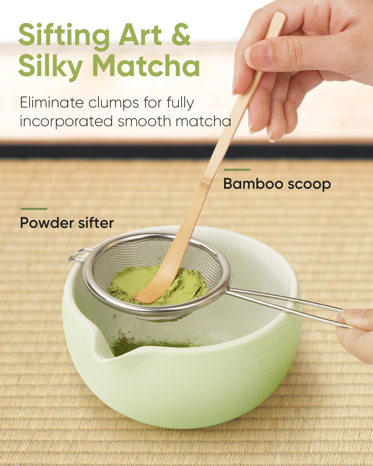 Joiish Traditional Matcha Starter Set, Bamboo Whisk (Chasen), Scoop (Chashaku), Stainless Steel Sifter, Basic Matcha Tea Making