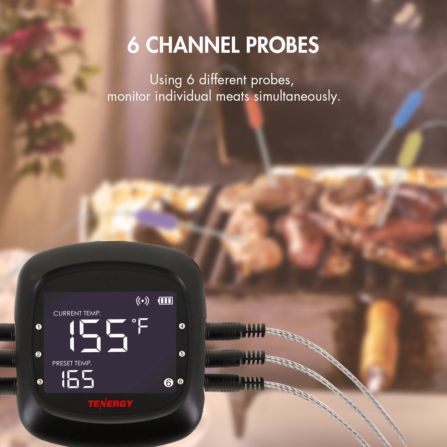 Tenergy Solis Digital Meat Thermometer - Bluetooth BBQ Thermometer with 6 Probes, Stainless Steel, Black, Model 8541960670