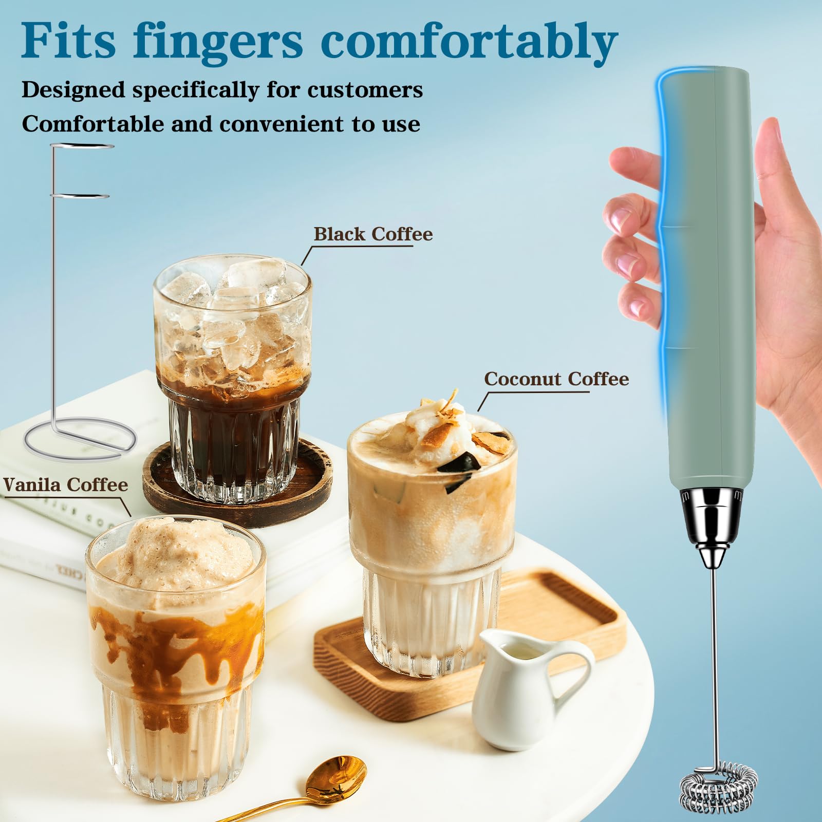 Bsrgms Milk Frother Handheld With Stand, Electric Whisk 3 Speed Adjustable, Drink Mixer With Stainless 3 Whisk, Rechargeable Han