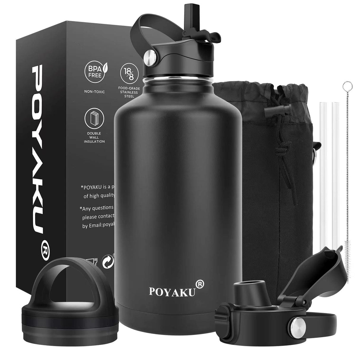 Water Bottle Insulated 64 Oz- Straw Lid And Auto Spout Lid, Leak Proof, Vacuum Insulated, Large Metal Stainless Steel Water Jug