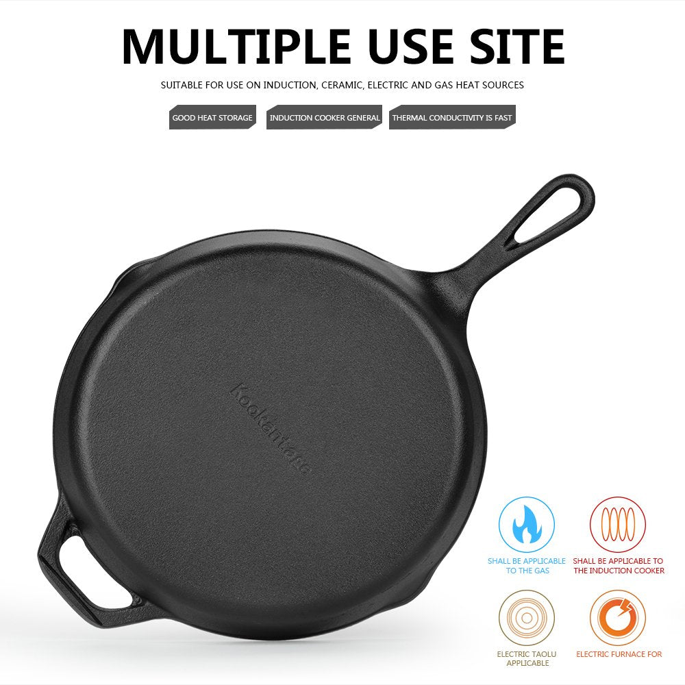 Kookantage Cast Iron Skillet Pre-Seasoned Cookware-6'', 8'', 10'' Pans 3 Piece Set Heavy Duty Professional Chef Tools With Silic