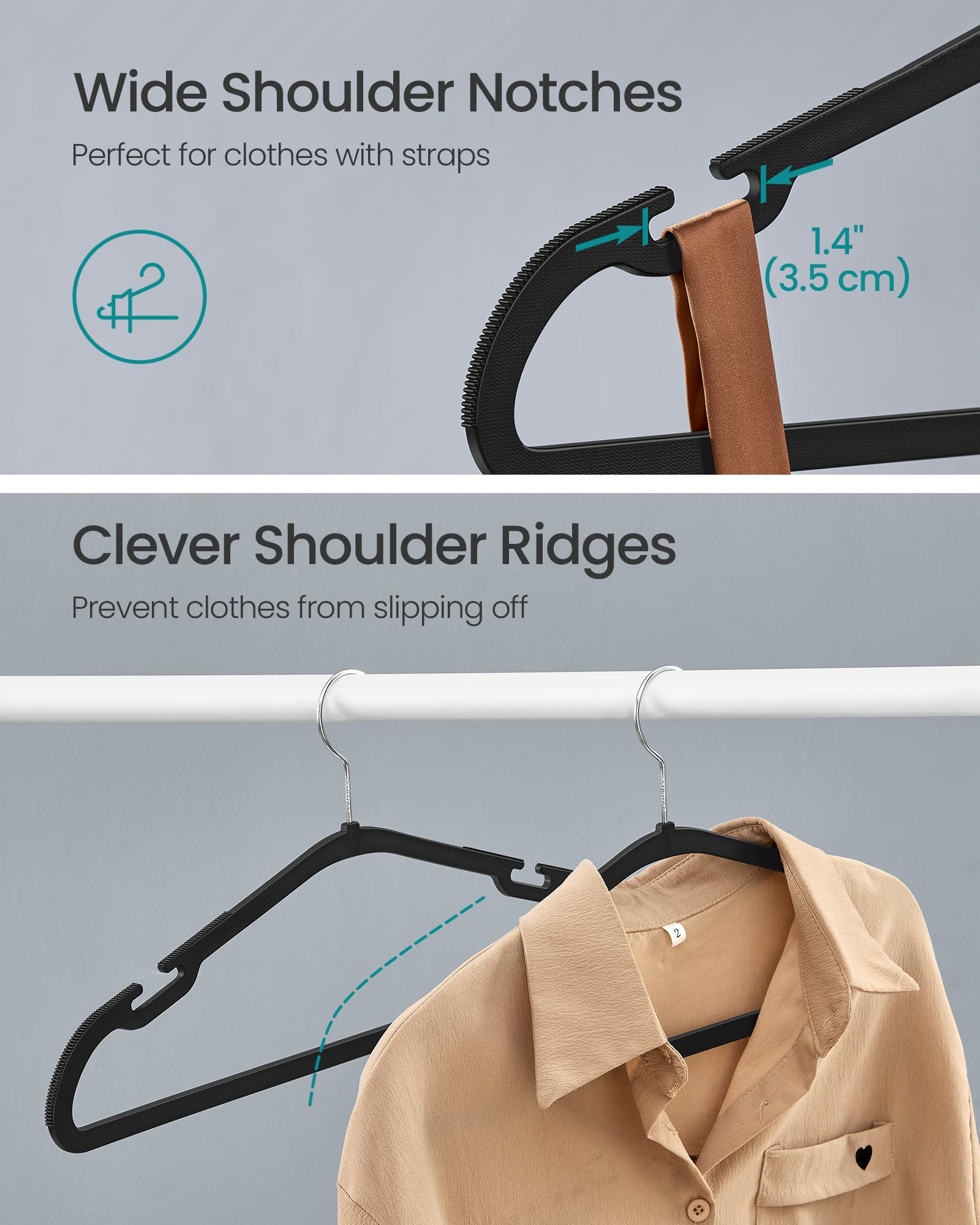 Songmics Clothes Hangers 50 Pack, Heavy-Duty Plastic Hangers, Coat Hangers With Wide Shoulder Notches, Pant Bar, 360 Swivel Hook